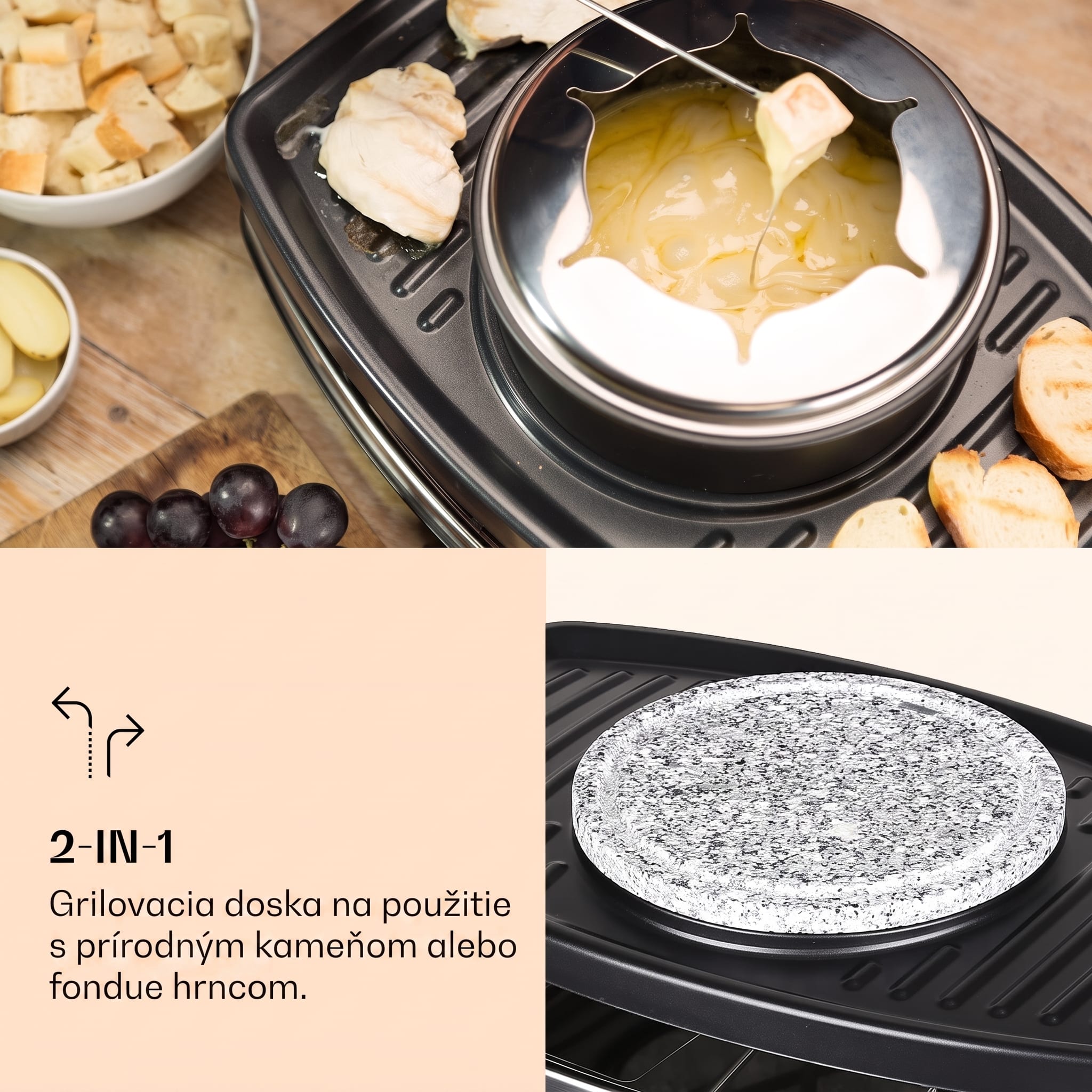 Klarstein Entrecote, raclette gril s fondue 2 v 1, 1100 W, prírodný kameň, pre 8 osôb – Obrázok 2