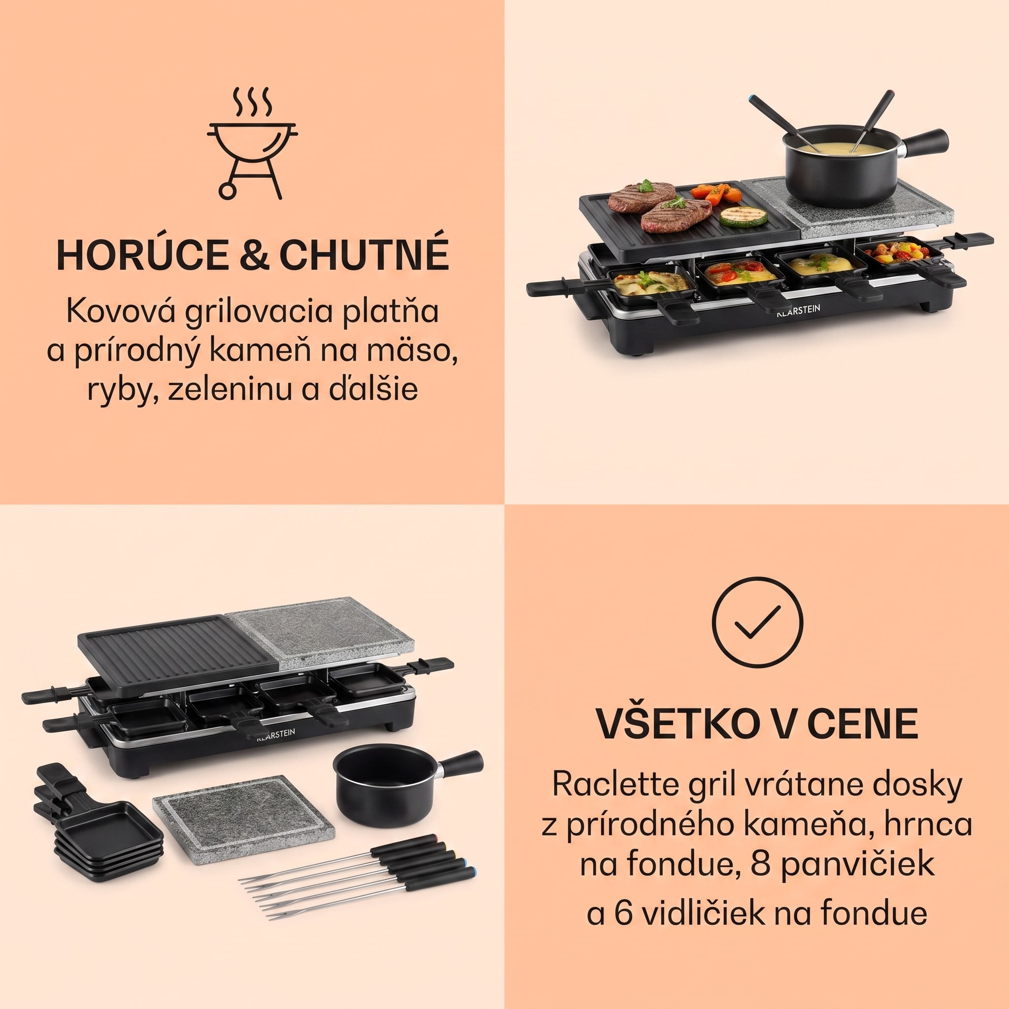 Klarstein Entrecote, raclette gril s fondue 2 v 1, 1100 W, prírodný kameň, pre 8 osôb – Obrázok 4