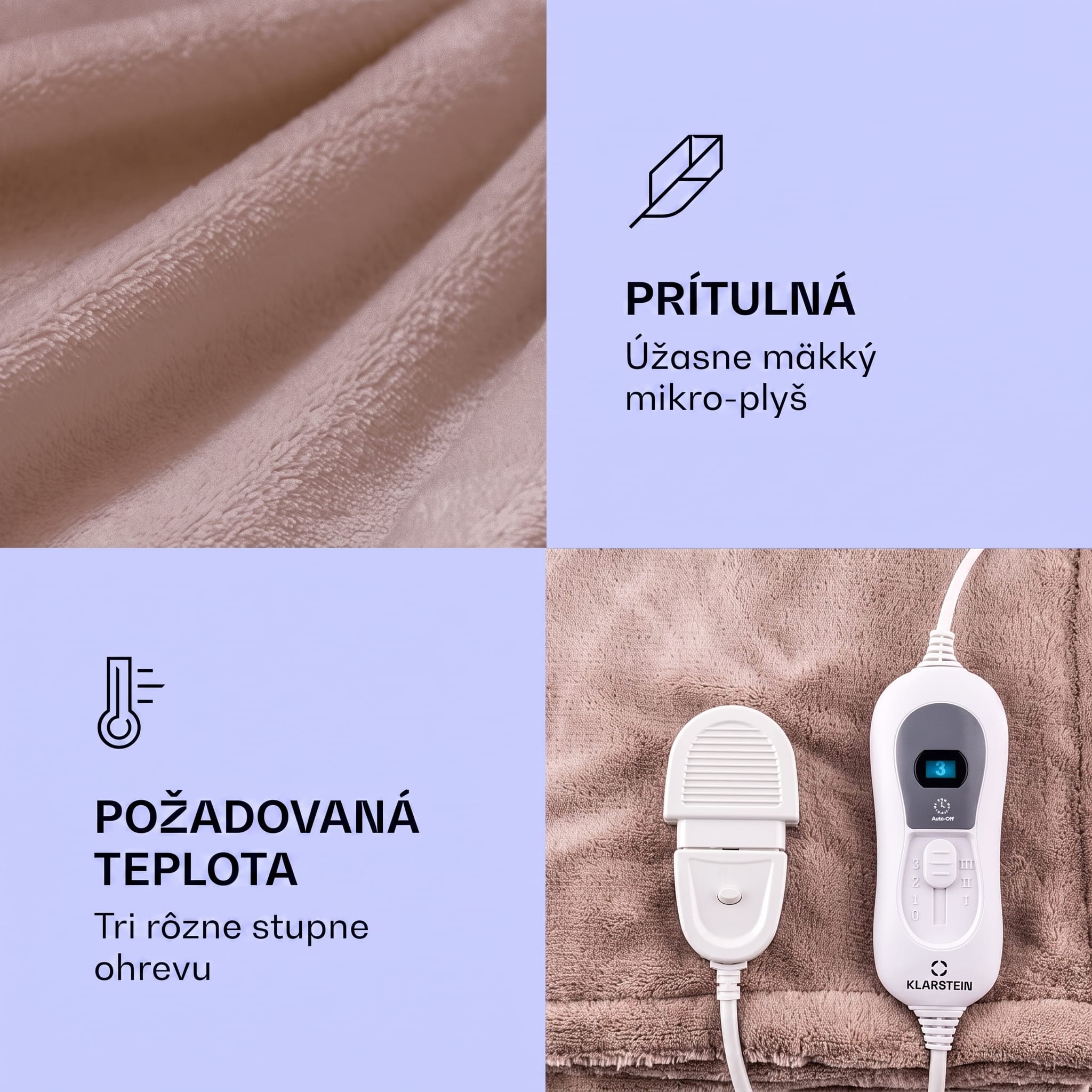 Klarstein Dr. Watson XL elektrická prikrývka 120 W, 3 stupne, 180 x 130 cm, ovládací panel – Obrázok 2
