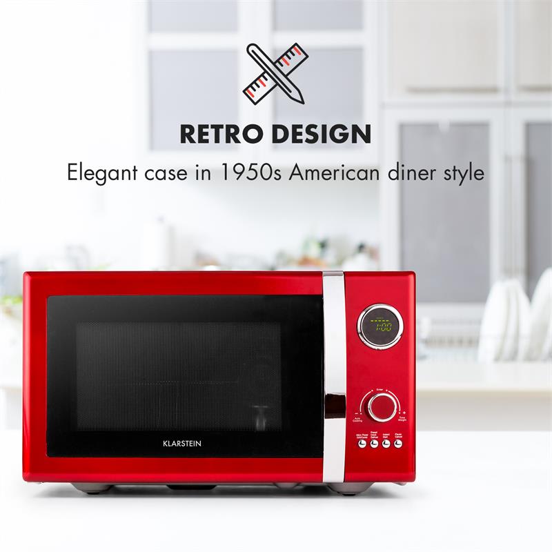 Klarstein Fine Dinesty, mikrovlnná rúra 2 v 1, 23 l, 800 W, gril: 1000 W, retro, 12 programov, červená – Obrázok 2
