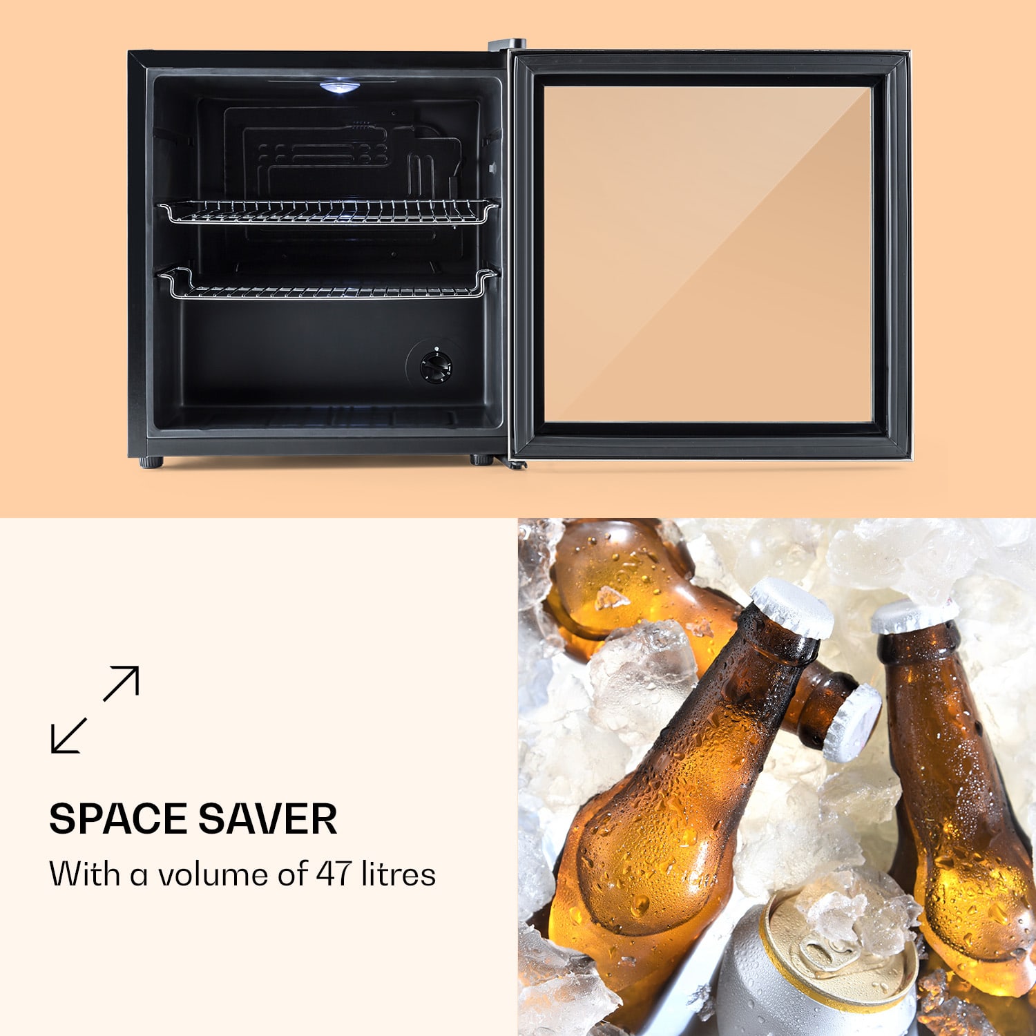 Klarstein Beersafe L, chladnička, 47 l, energet. trieda E, sklenené dvere, nehrdzavejúca oceľ – Obrázok 3