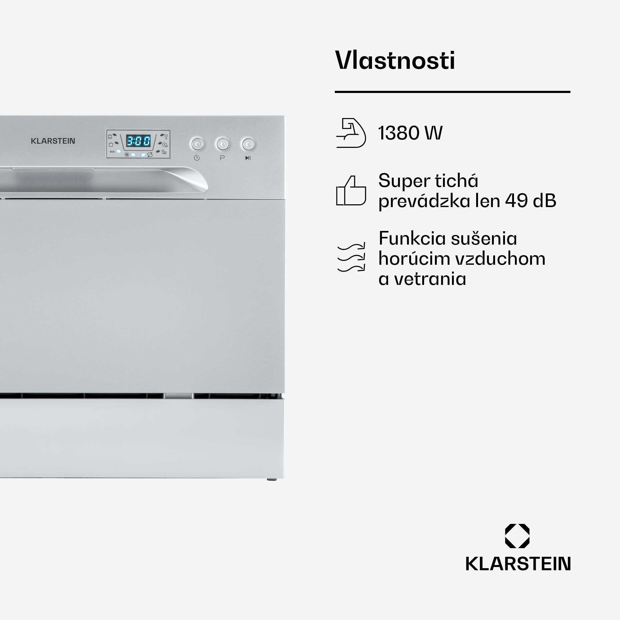 Klarstein Amazonia 6, umývačka riadu, 1380 W, na 6 súprav riadu, energet. trieda F, 49 dB, tlačidlové ovládanie