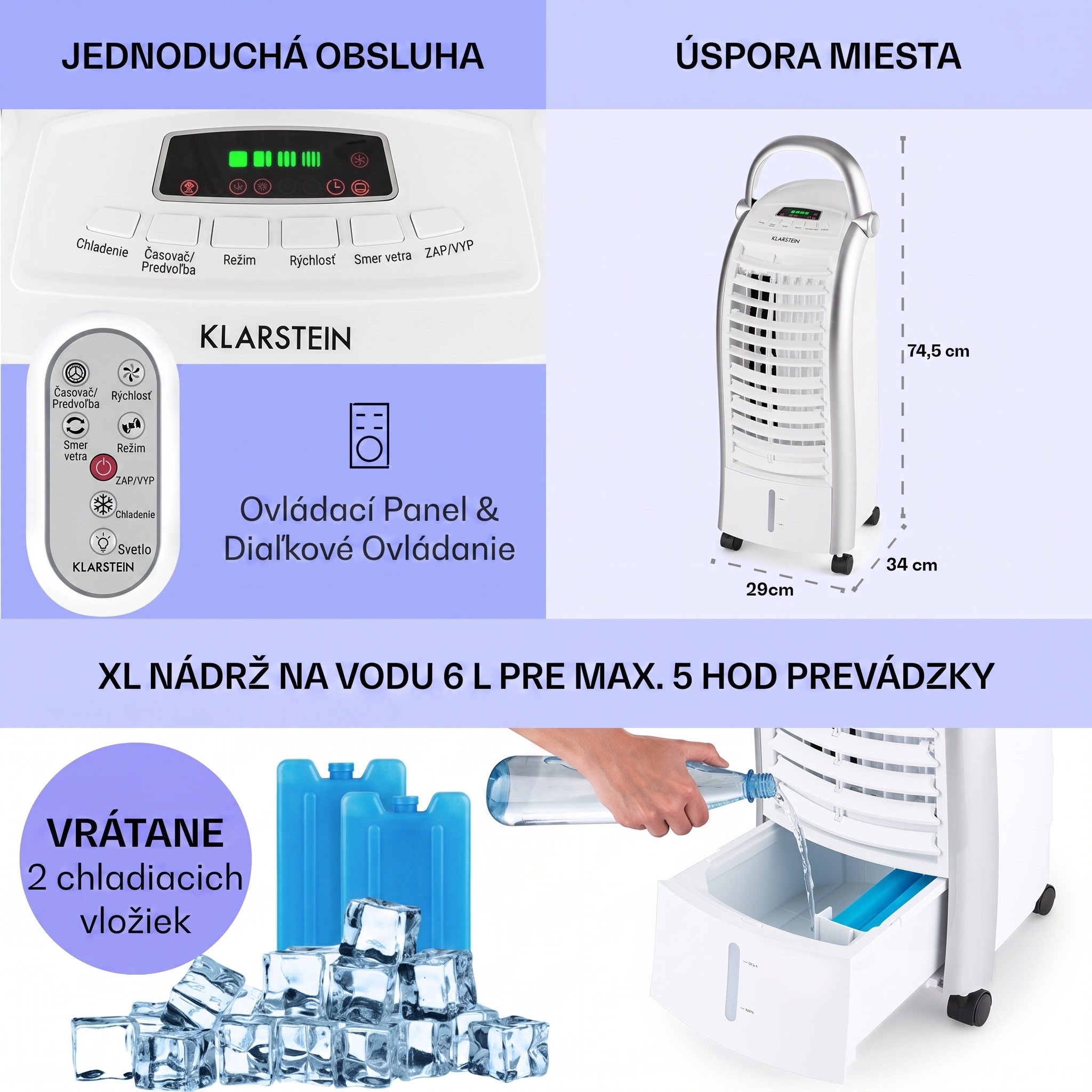 Klarstein Maxfresh, 4 v 1 ochladzovač vzduchu, ventilátor, 65 W, 6 l, diaľkový ovládač, 2 x chladiaci box