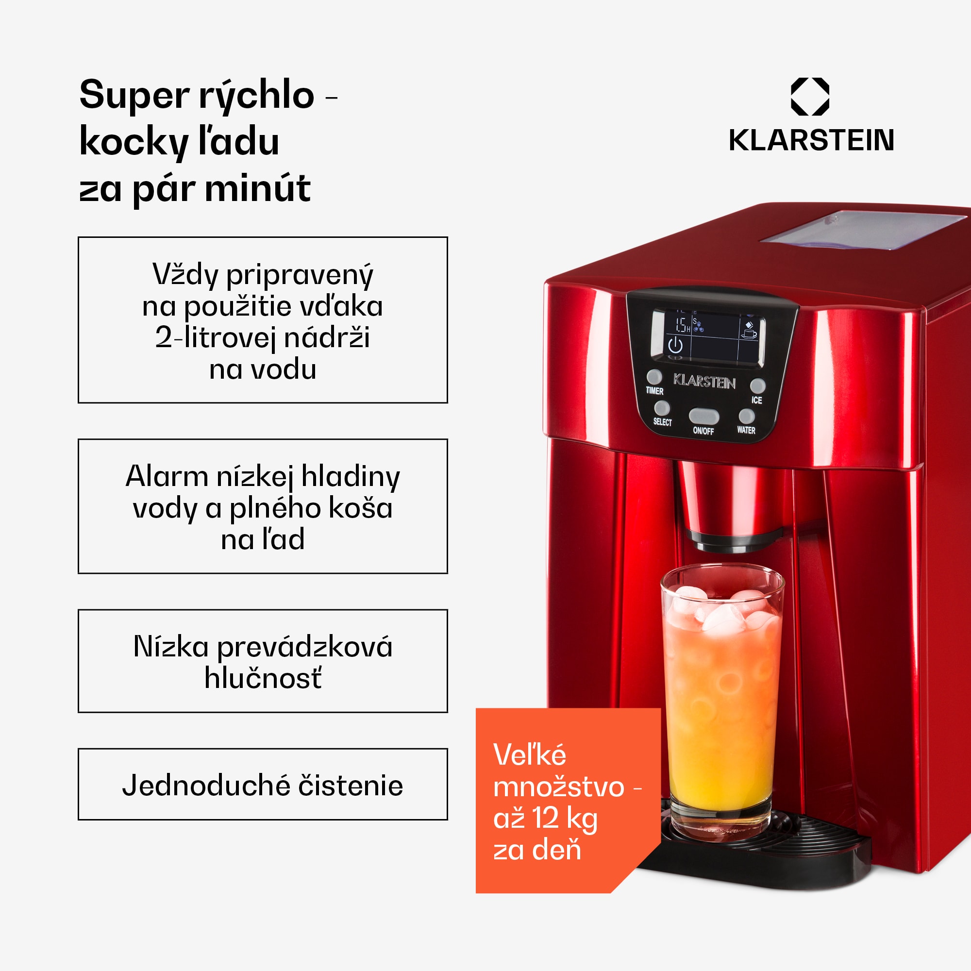 Klarstein Ice Volcano 2 G, výrobník ľadu, 12 kg/24 h, zariadenie na výrobu ľadu, LED, červený