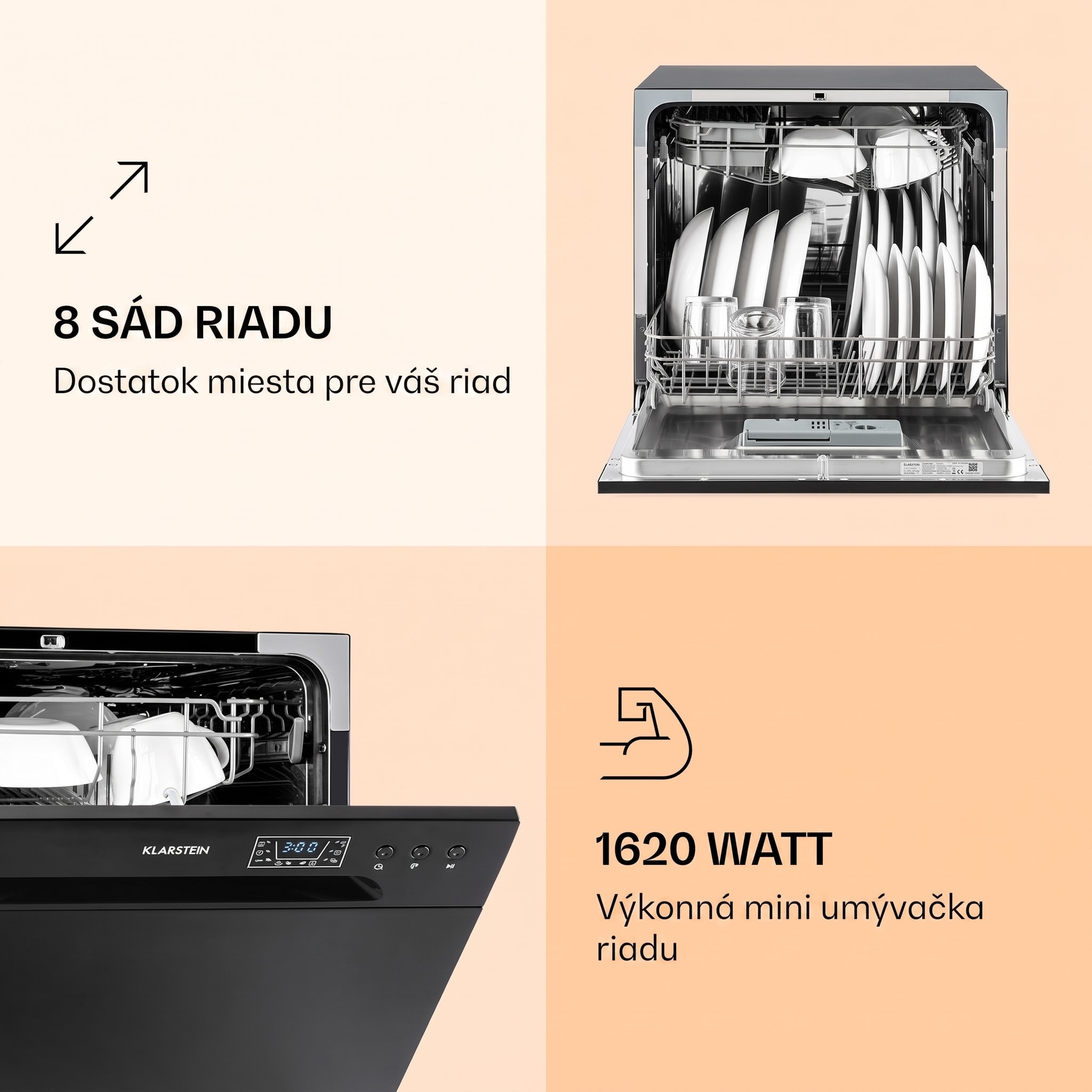 Klarstein Amazonia 8, umývačka riadu, 1620 W, na 8 súprav riadu, energet. trieda F, 49 dB