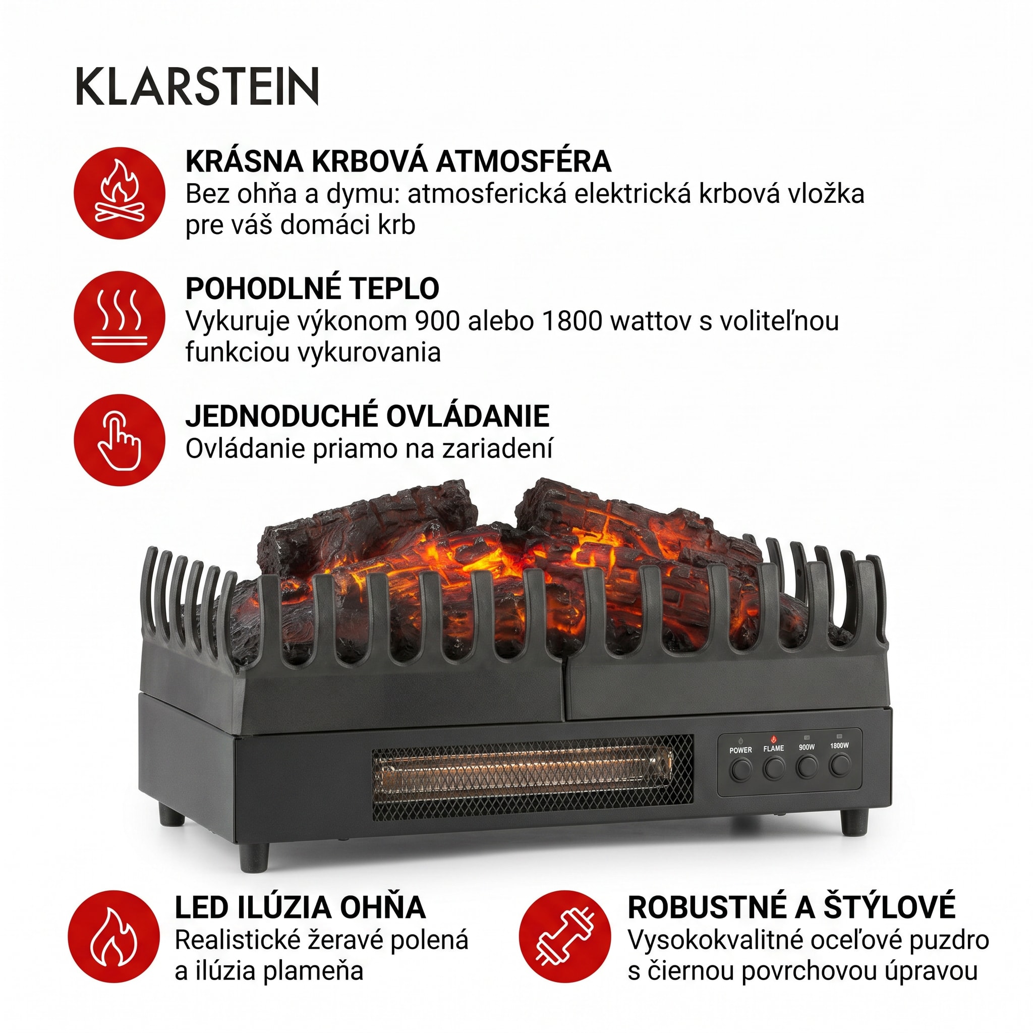 Klarstein Kamini FX, elektrický krb, krbová vložka, 1000/2000 W, 2 W LED, čierny – Obrázok 4