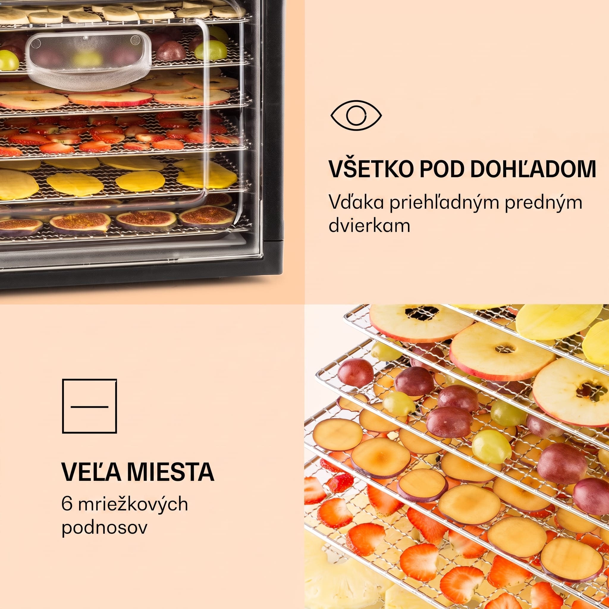 Klarstein Fruit Jerky Plus 6, sušička ovocia, 420-500 W, časovač, 6 poschodí, čierna – Obrázok 2