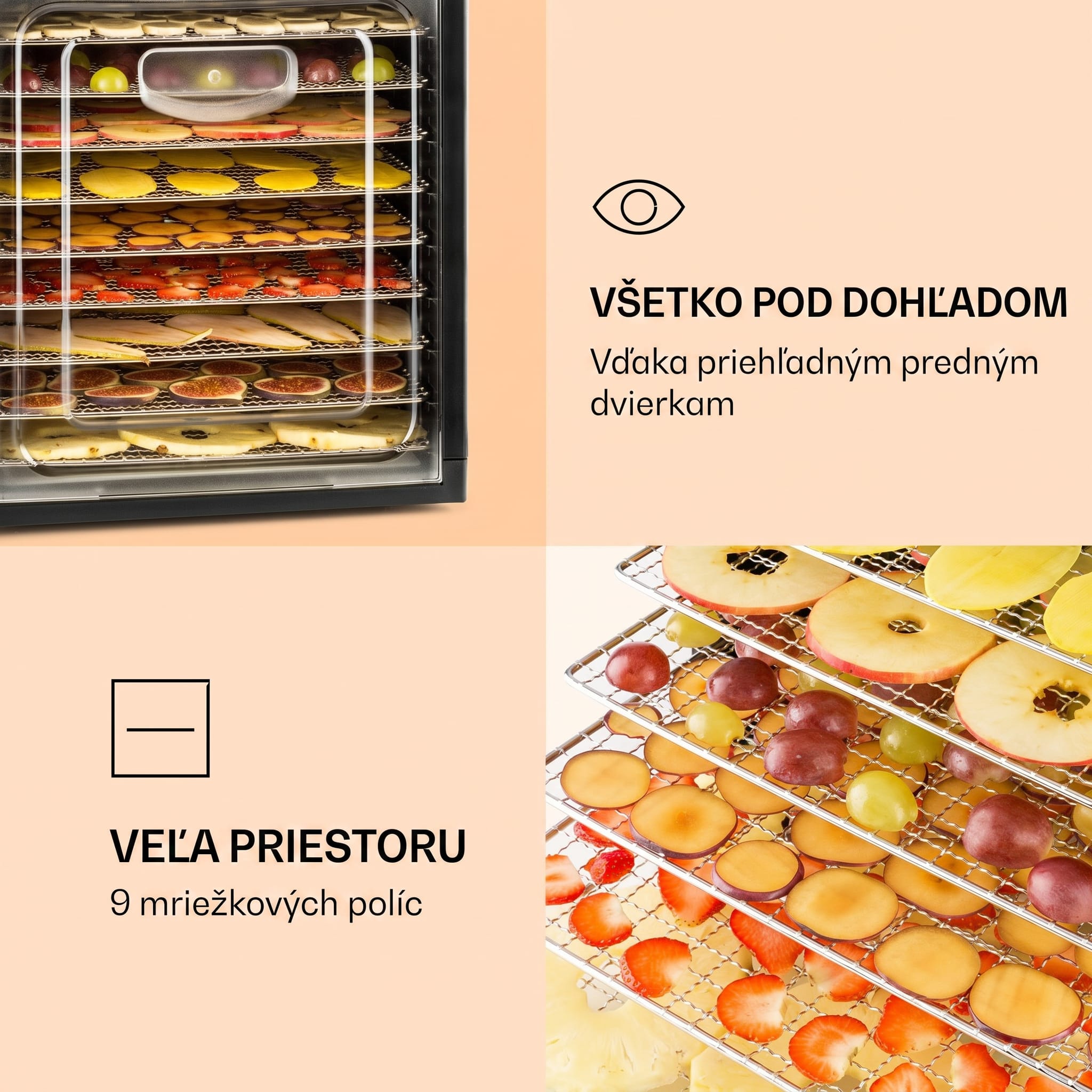 Klarstein Fruit Jerky Plus 9, sušička ovocia, 600-700 W, 35-70 °C, časovač, 9 poschodí – Obrázok 2