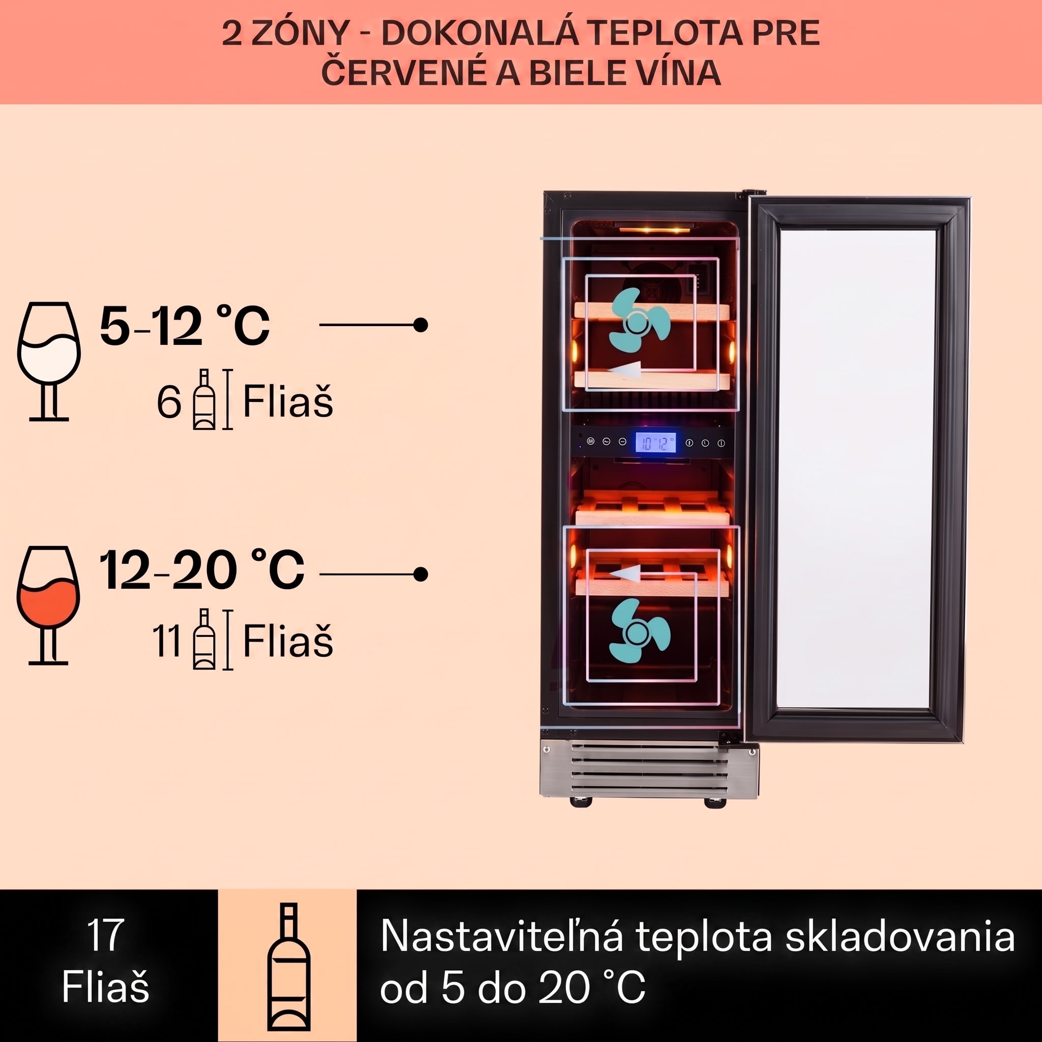 Klarstein Vinovilla Duo 17, dvojzónová vinotéka, 53 l, 17 fliaš, 3-farebné LED osvetlenie, sklenené dvierka – Obrázok 2