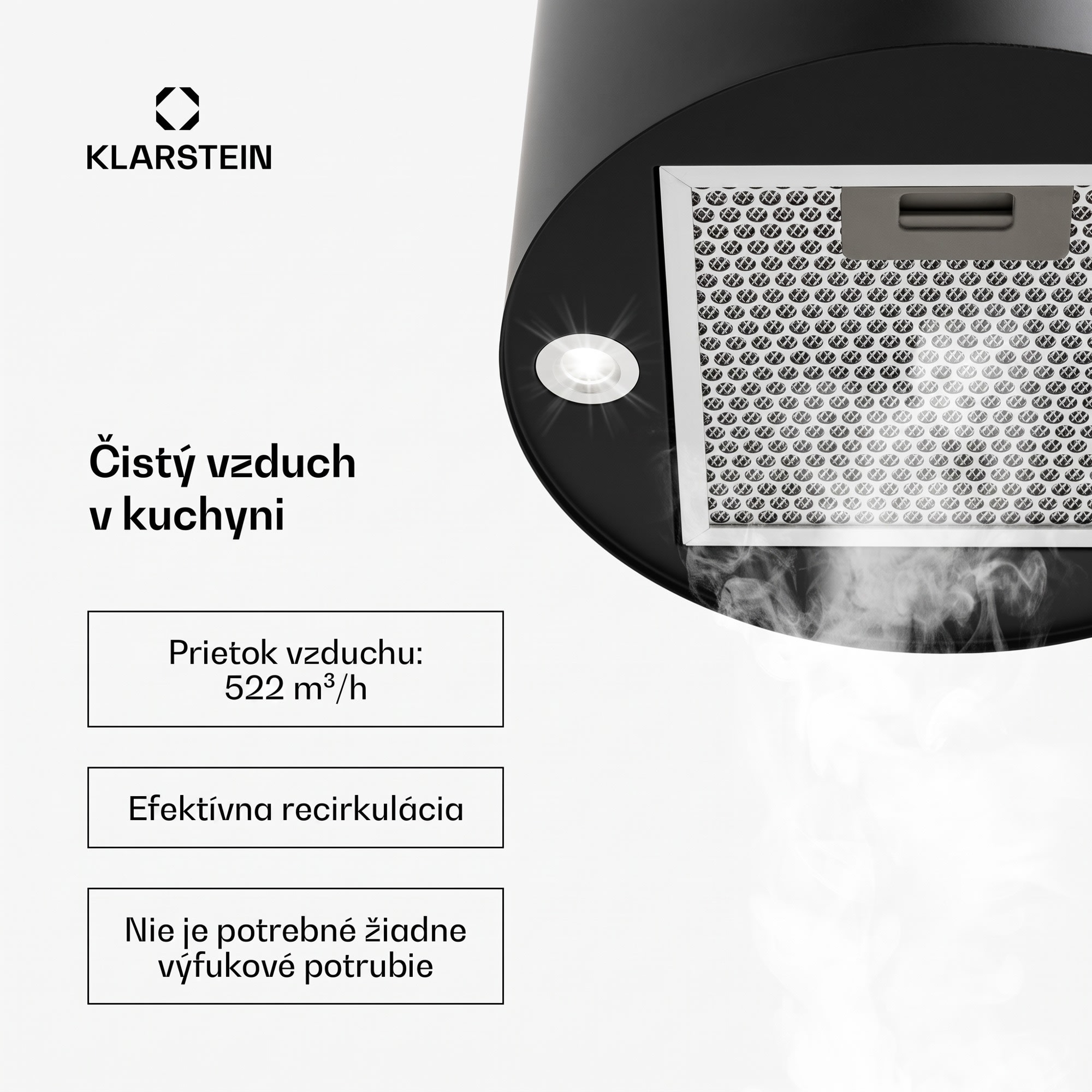 Klarstein Odsávač pár Barett v ostrovnom vyhotovení, Ø35 cm, recirkulačný režim, 522 m³/h, LED osvetlenie, filter s aktívnym uhlím – Obrázok 2