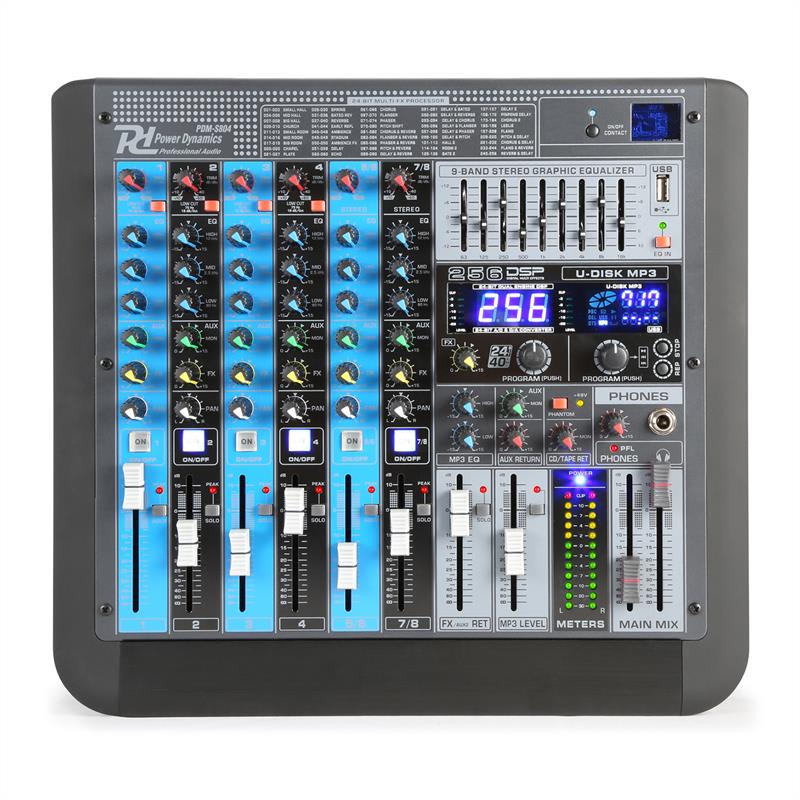 Power Dynamics PDM-S804, mixážny pult, 8-kanálový, DSP/MP3, USB port, bluetooth prijímač