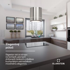 Klarstein Tron Ambience ostrovná digestorová kapucňa Ø38cm, recirkulácia, 540 m³/h, LED, nerezová oceľ