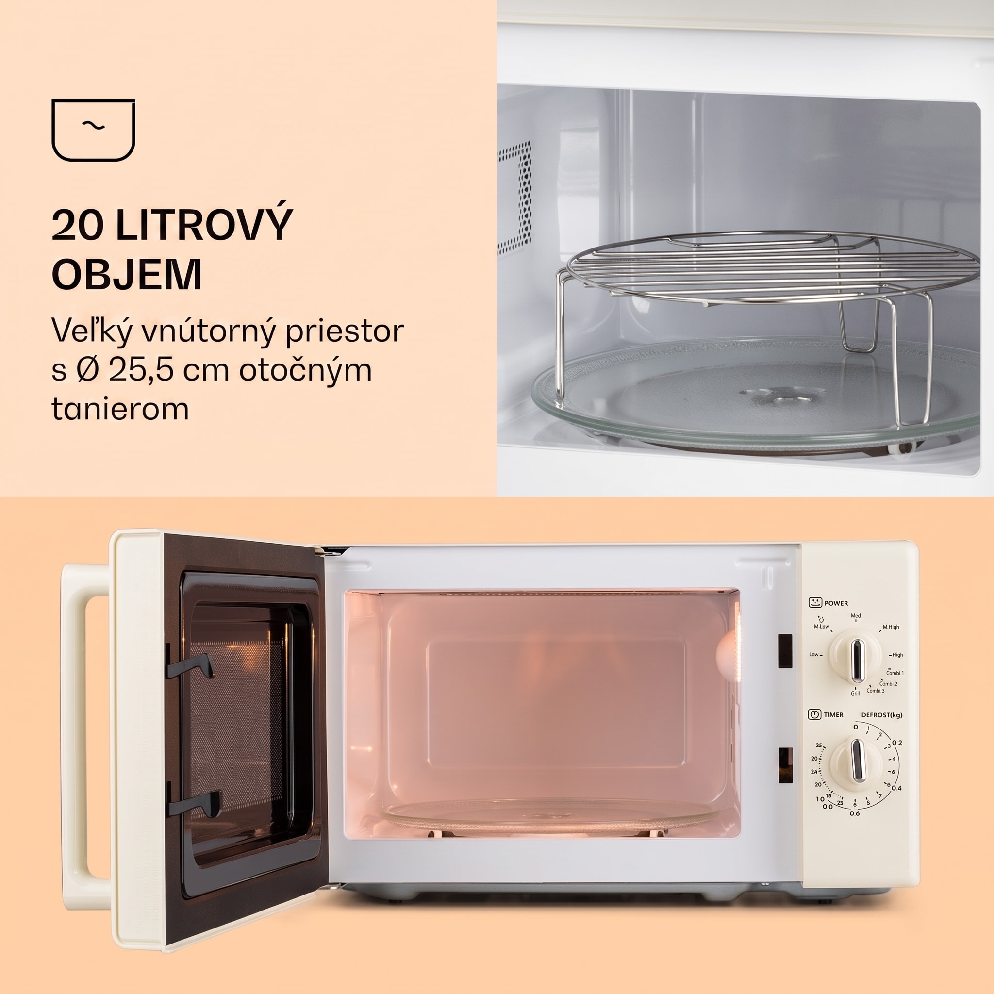 Klarstein Caroline, mikrovlnná rúra, 20 l, 700/1000 W, Ø 25,5 cm, QuickSelect, retro, krémová – Obrázok 2
