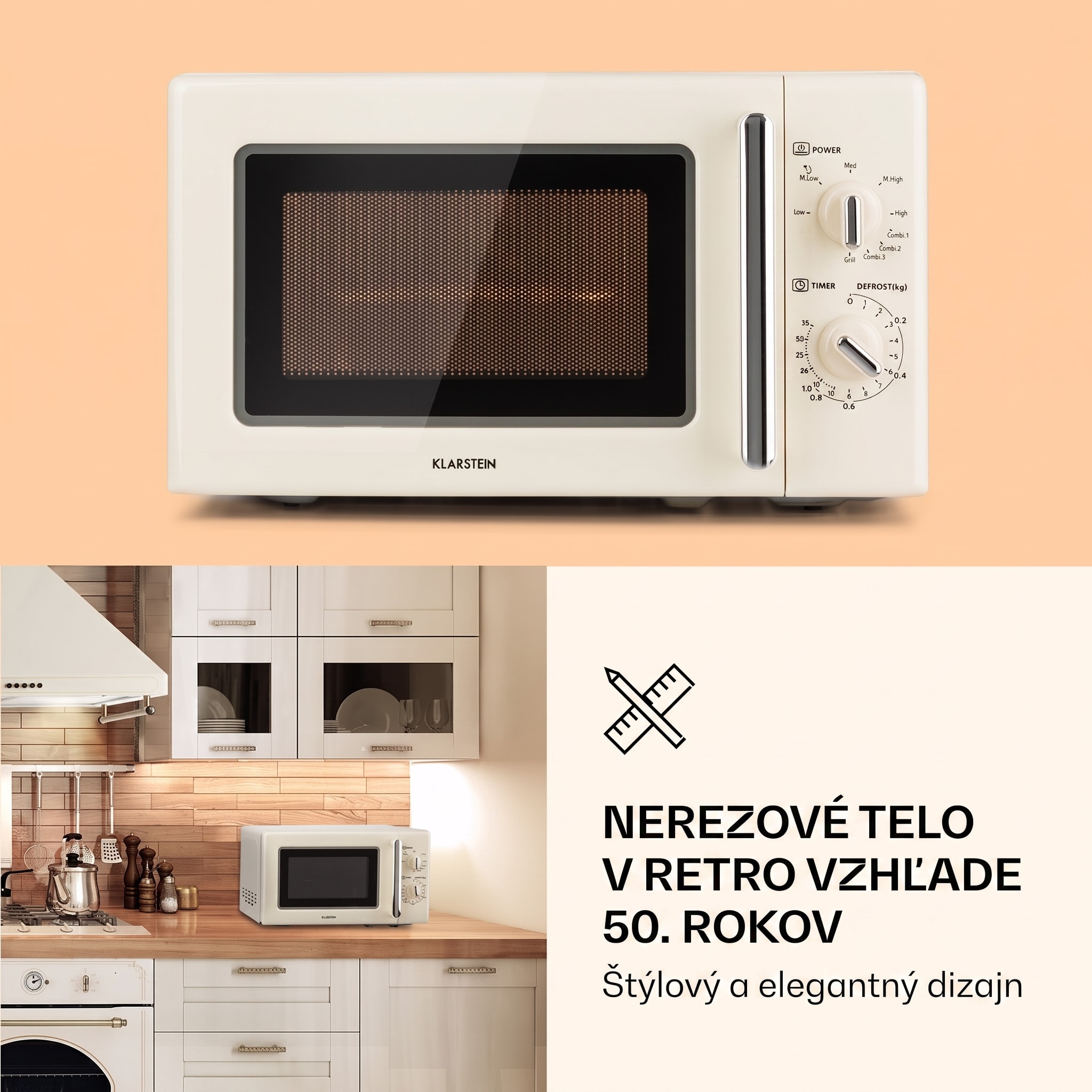 Klarstein Caroline, mikrovlnná rúra, 20 l, 700/1000 W, Ø 25,5 cm, QuickSelect, retro, krémová – Obrázok 4