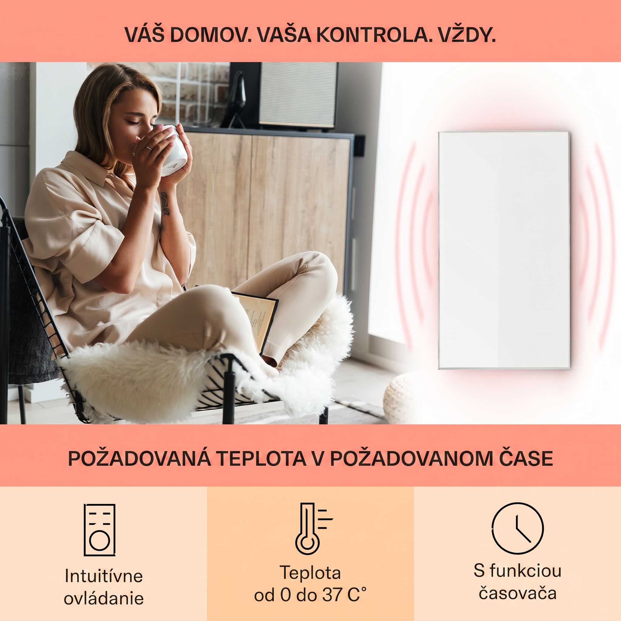 Klarstein Wonderwall 45, infračervený ohrievač, 50 x 90 cm, 450 W, týždenný časovač, IP24 – Obrázok 2