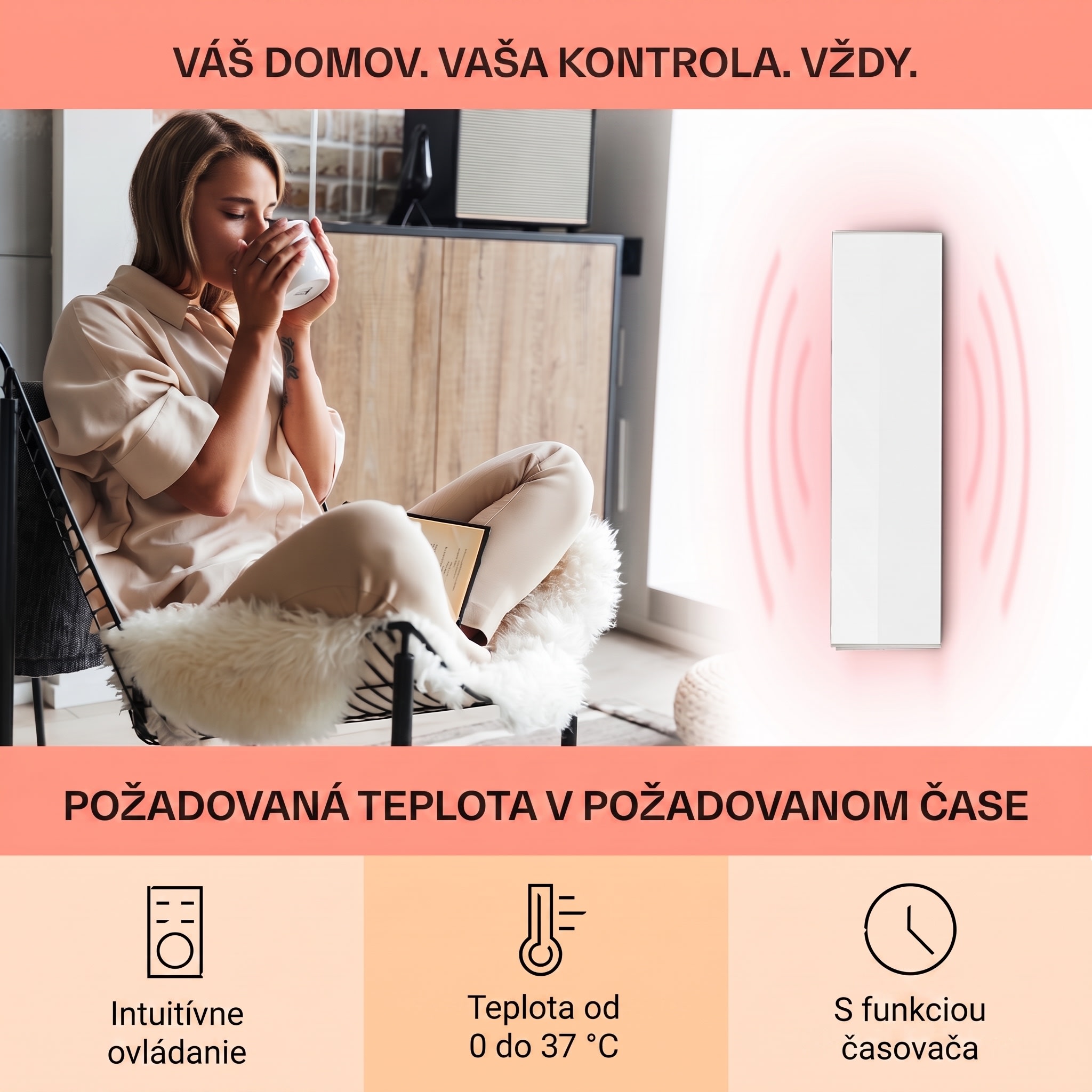 Klarstein Wonderwall 30, infračervený ohrievač, 30 x 100 cm, 300 W, týždenný časovač, IP24 – Obrázok 2