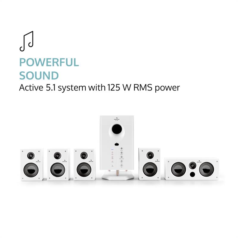 Auna Areal 525, 125W RMS, aktívny 5.1-kanálový reproduktorový systém, AUX biely – Obrázok 3