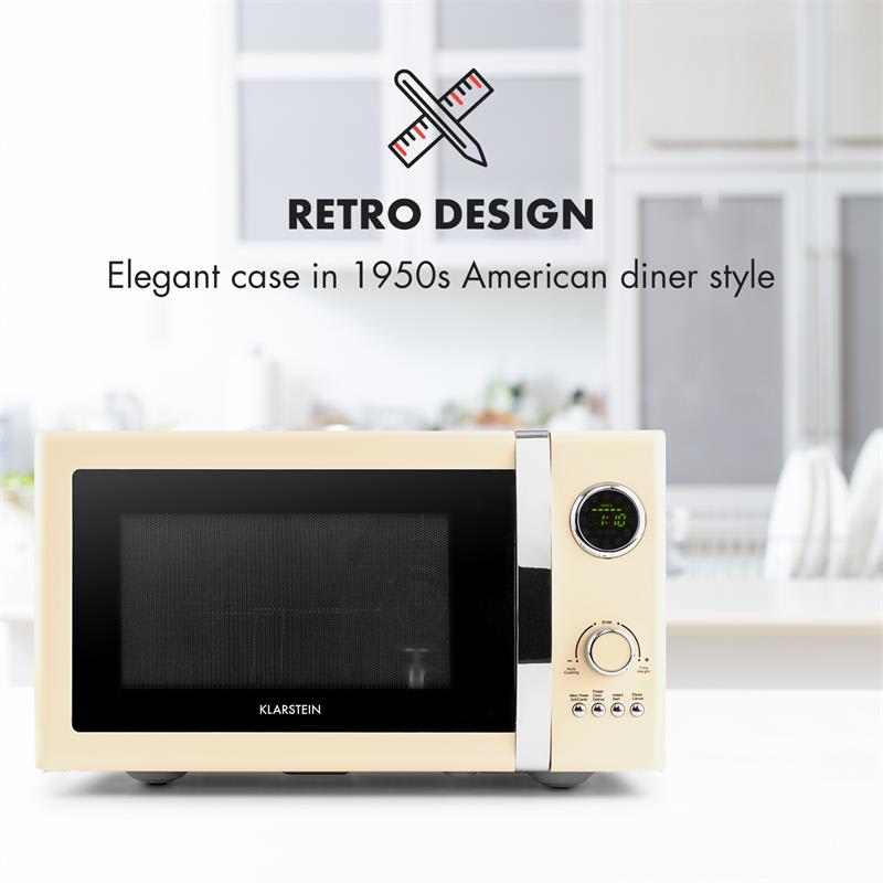 Klarstein Fine Dinesty, mikrovlnná rúra 2 v 1, 23 l, 800 W, gril: 1000 W, retro, 12 programov, krémová – Obrázok 2