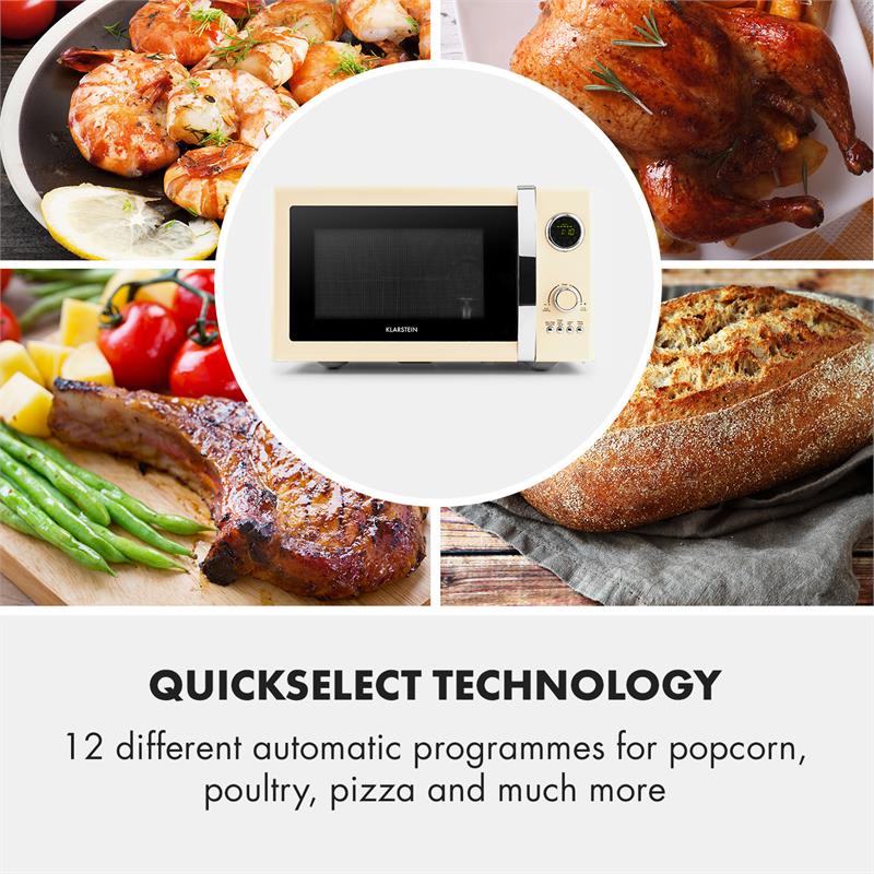 Klarstein Fine Dinesty, mikrovlnná rúra 2 v 1, 23 l, 800 W, gril: 1000 W, retro, 12 programov, krémová – Obrázok 4