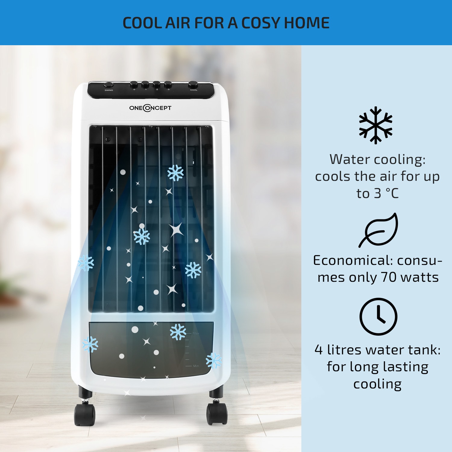 OneConcept CarribeanBlue, ochladzovač vzduchu, ventilátor, 70 W, mobilný