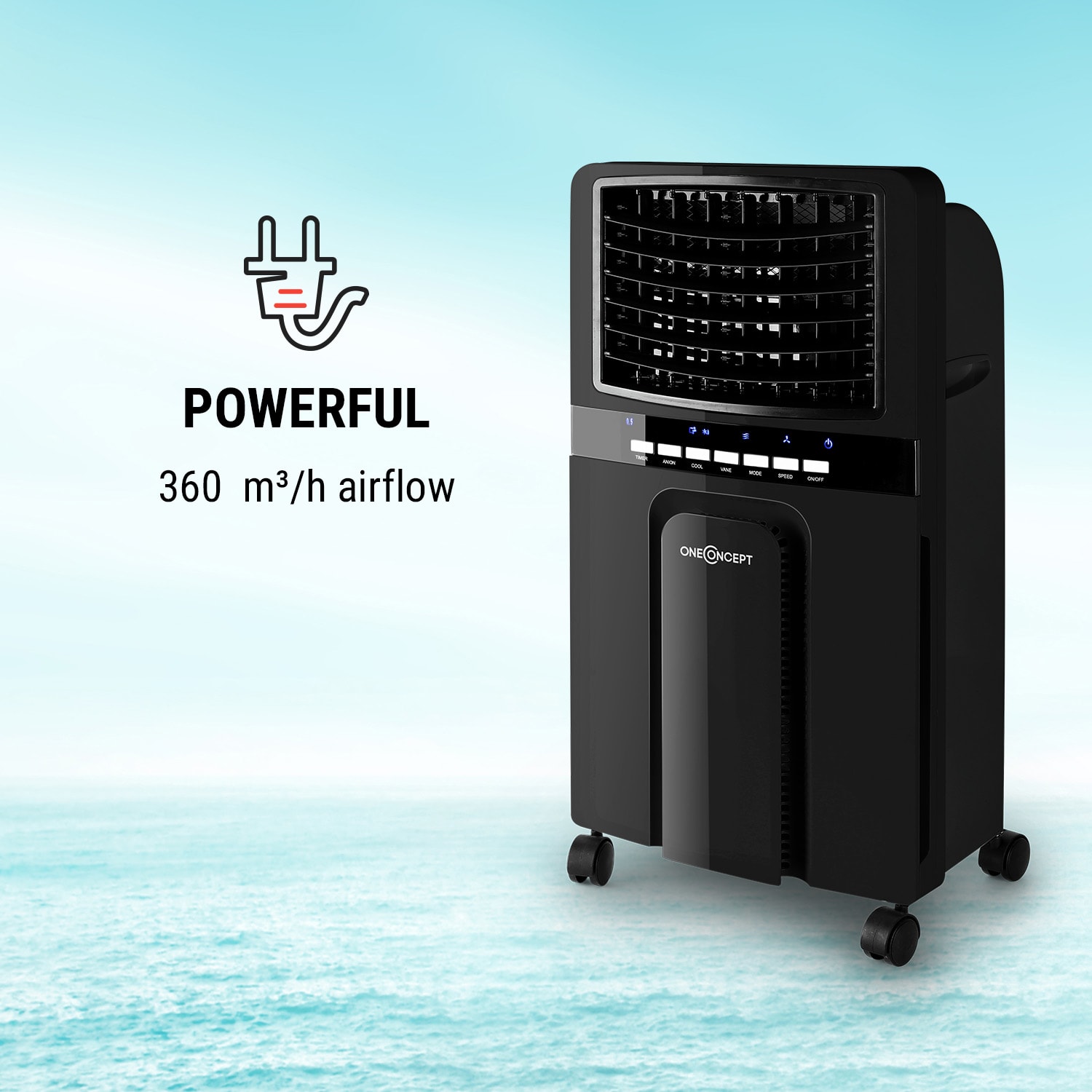 OneConcept Baltic Black, ochladzovač vzduchu, ventilátor, 65 W, 400 m³/h, diaľkový ovládač – Obrázok 2