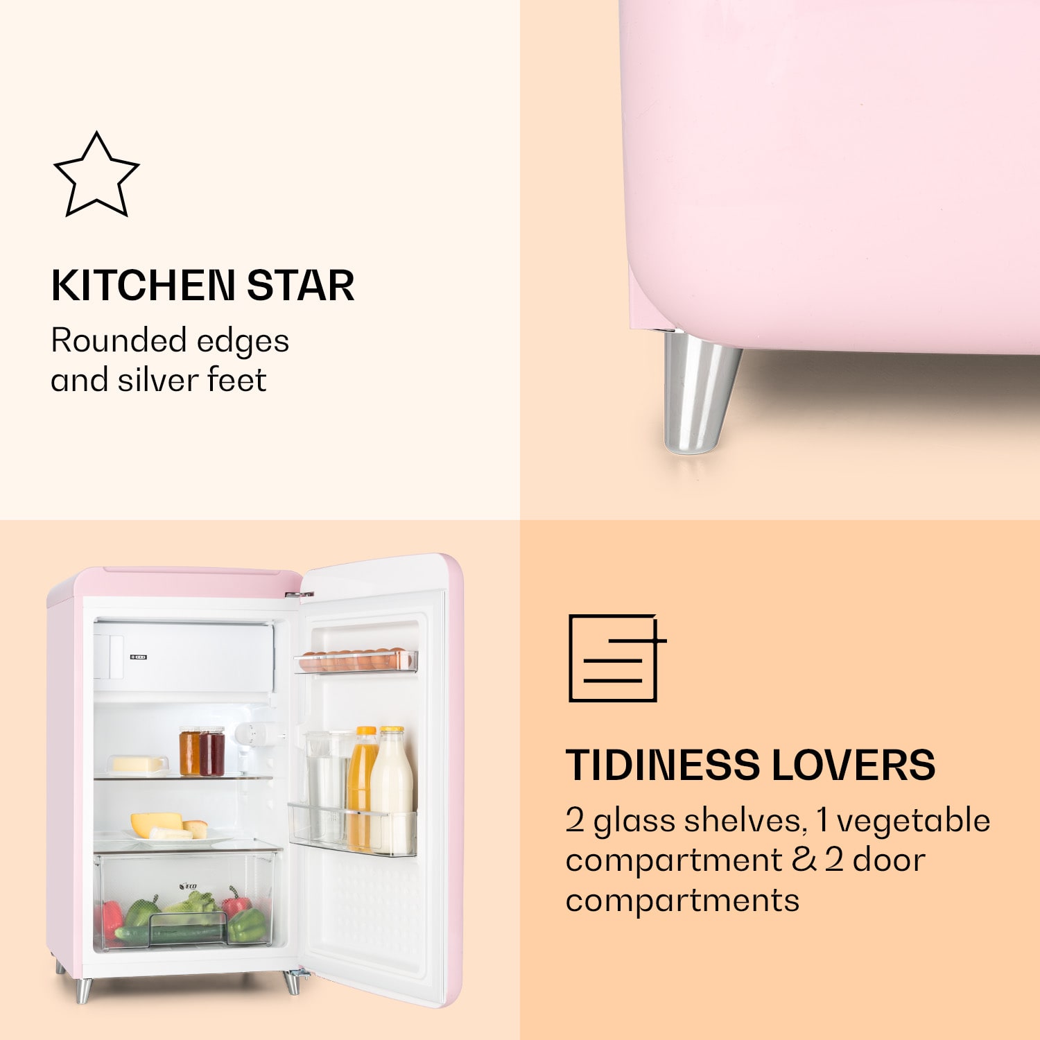 Klarstein PopArt Pink retro chladnička E, 118 l / 13 l mraziarenský priestor, ružová – Obrázok 3