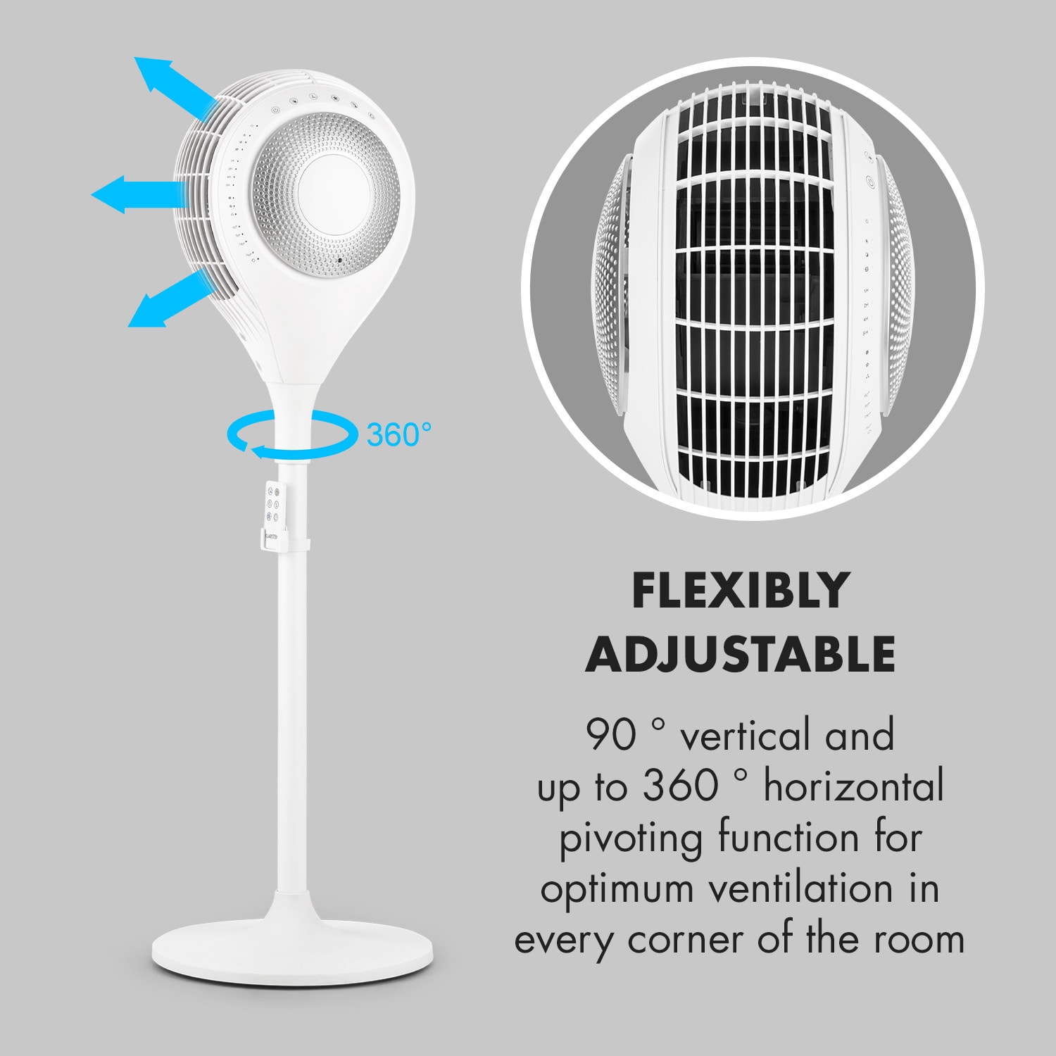 Klarstein Airflex 360°, stojanový ventilátor, senzor tela, 65 W, diaľkový ovládač, biely – Obrázok 3