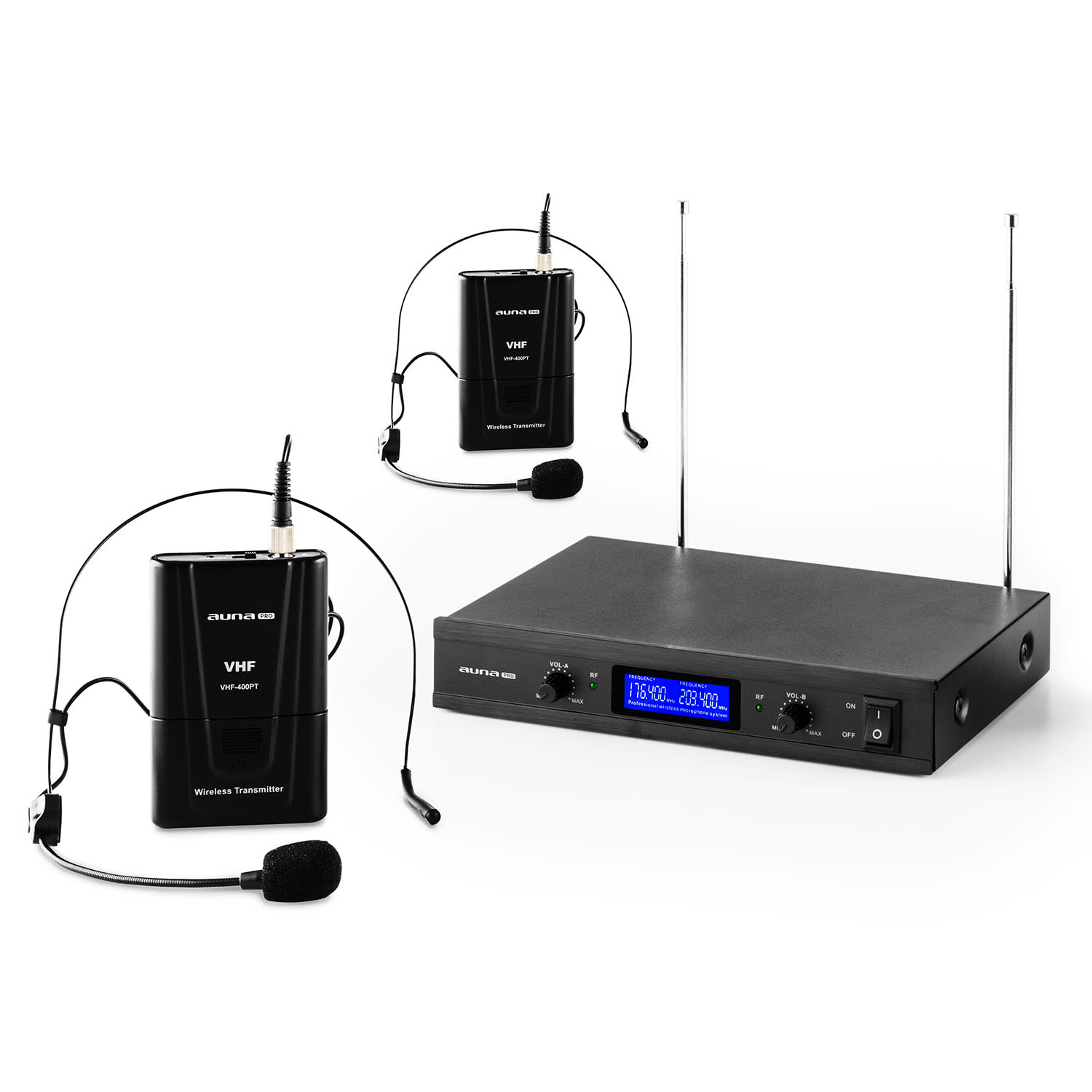 Auna Pro VHF-400 Duo 2, 2-kanálová sada VHF bezdrôtových mikrofónov, 1 x prijímač, 2 x headset mikrofón – Obrázok 4