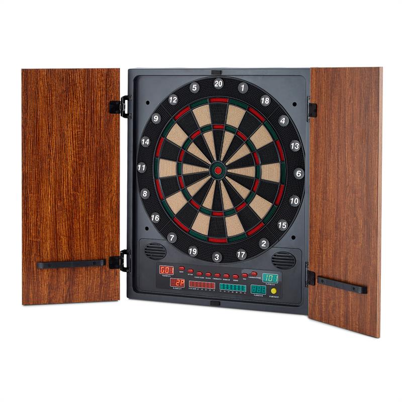 KLARFIT Dartmaster 180, hnedý, terč na šípky, automat na šípky, mäkký hrot, dvierka – Obrázok 4