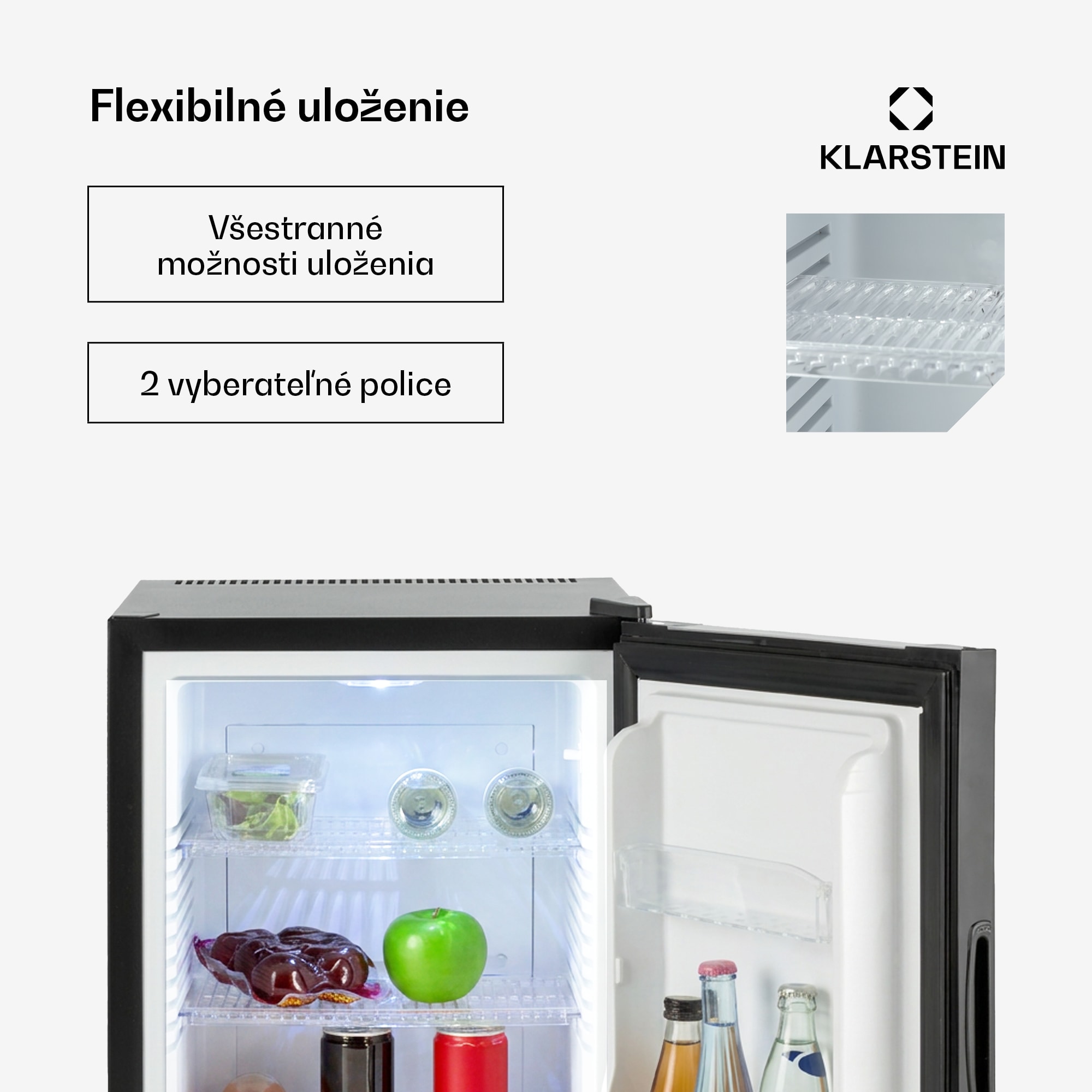 Klarstein Happy Hour, mini chladnička, 33 l, nehlučná, energet. trieda G, čierna s dekoratívnymi dverami – Obrázok 4