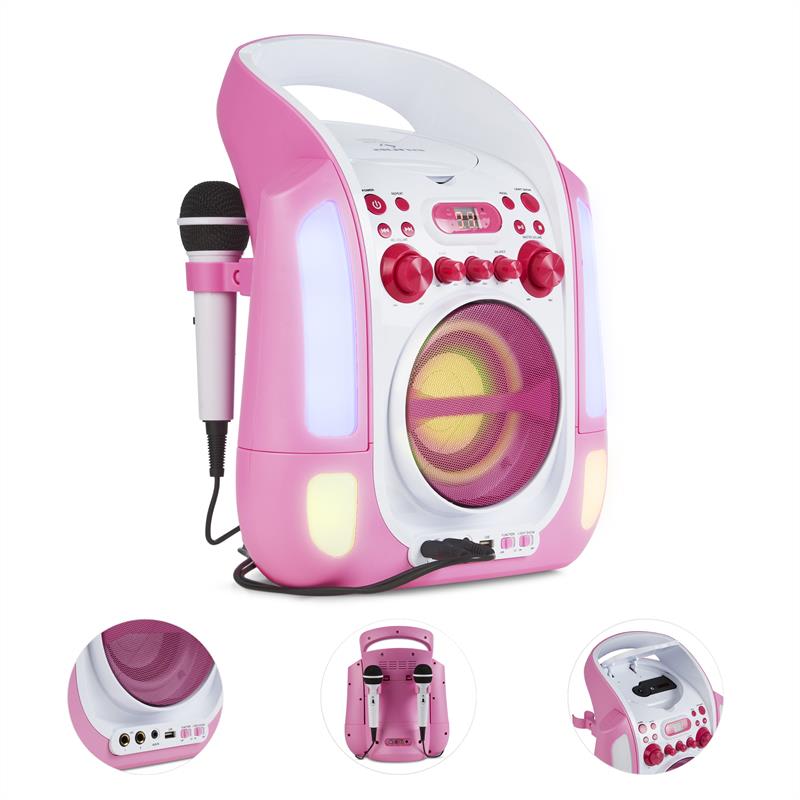 Auna Kara Illumina, ružový, karaoke systém, CD, USB, MP3, LED svetelná show, 2 x mikrofón, prenosný – Obrázok 2