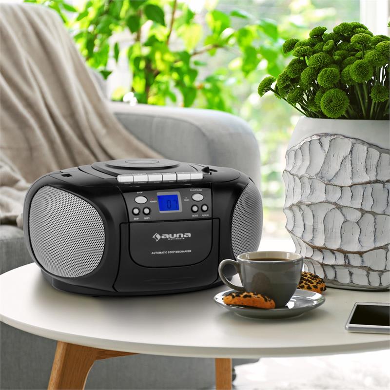 Auna BoomBoy Boom Box, čierny, boombox, prenosné rádio, CD/MP3 prehrávač, kazetový prehrávač