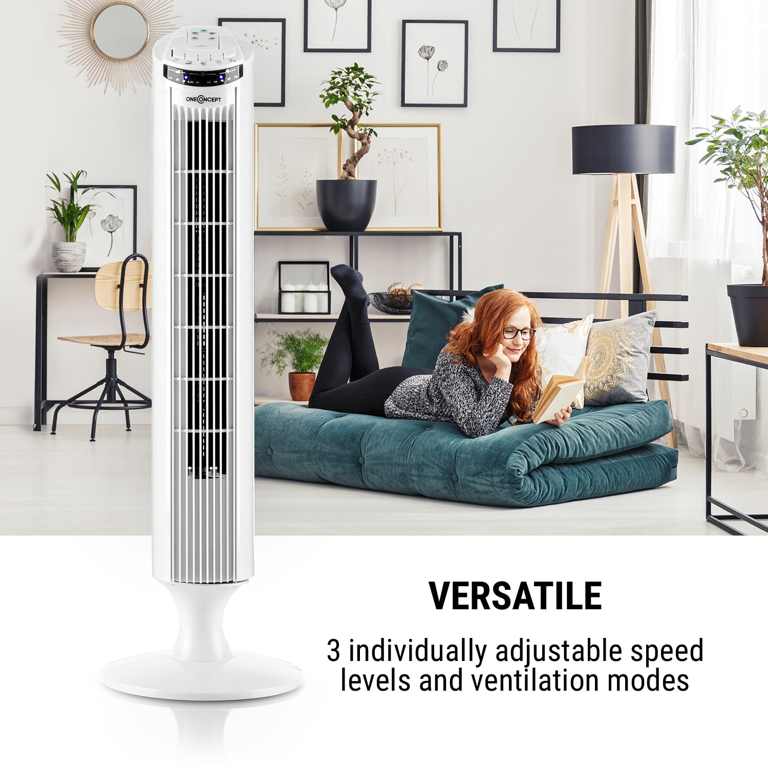 OneConcept Blitzeis, stĺpový ventilátor, 40 W, 45° oscilácia, biely – Obrázok 2