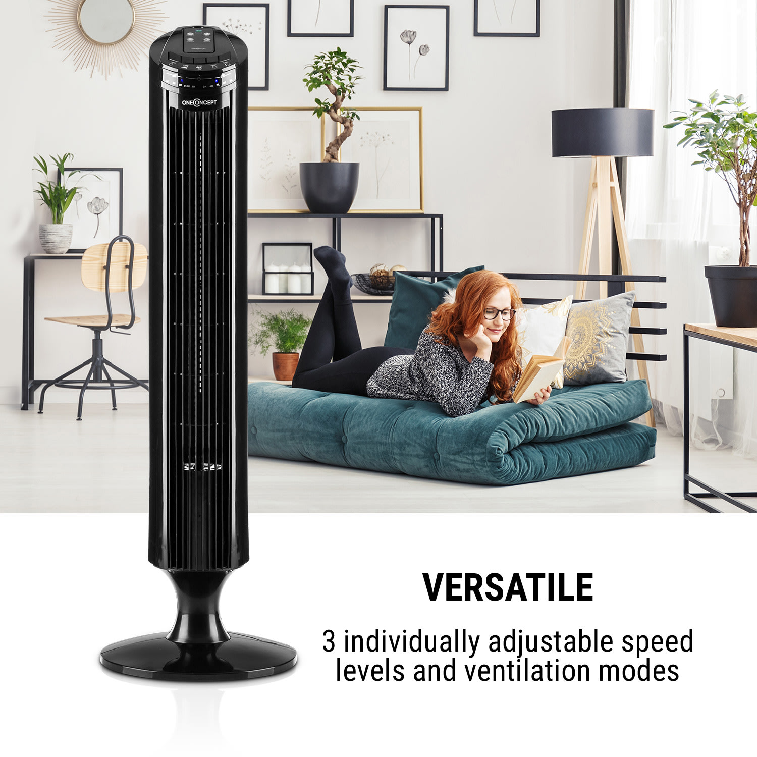 OneConcept Blitzeis, stĺpový ventilátor, 40 W, 45° oscilácia, čierny – Obrázok 2