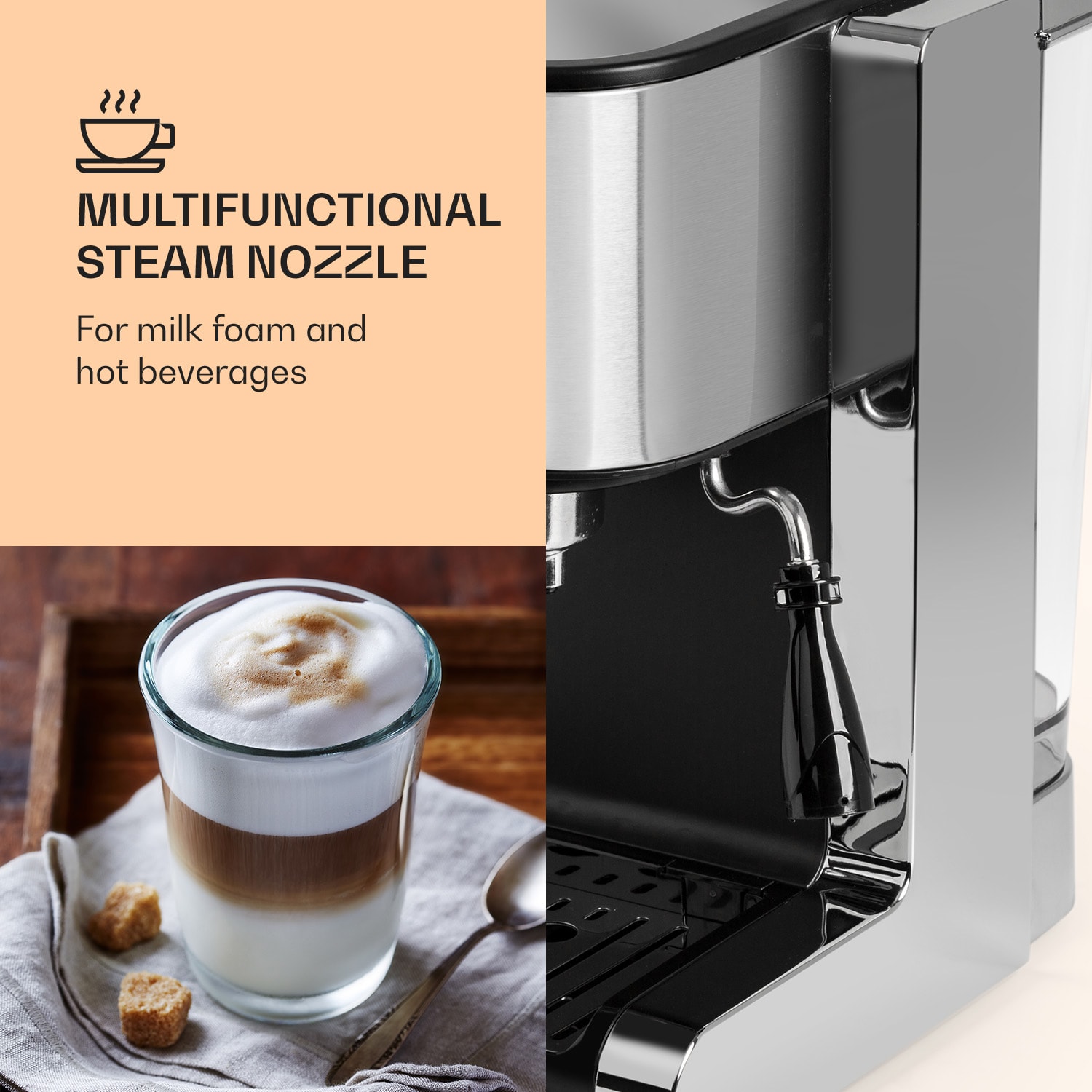 Klarstein Passionata 20, pákový kávovar, 1350 W, 20 bar, 1,25 l, 6 šálok, napeňovač mlieka – Obrázok 3