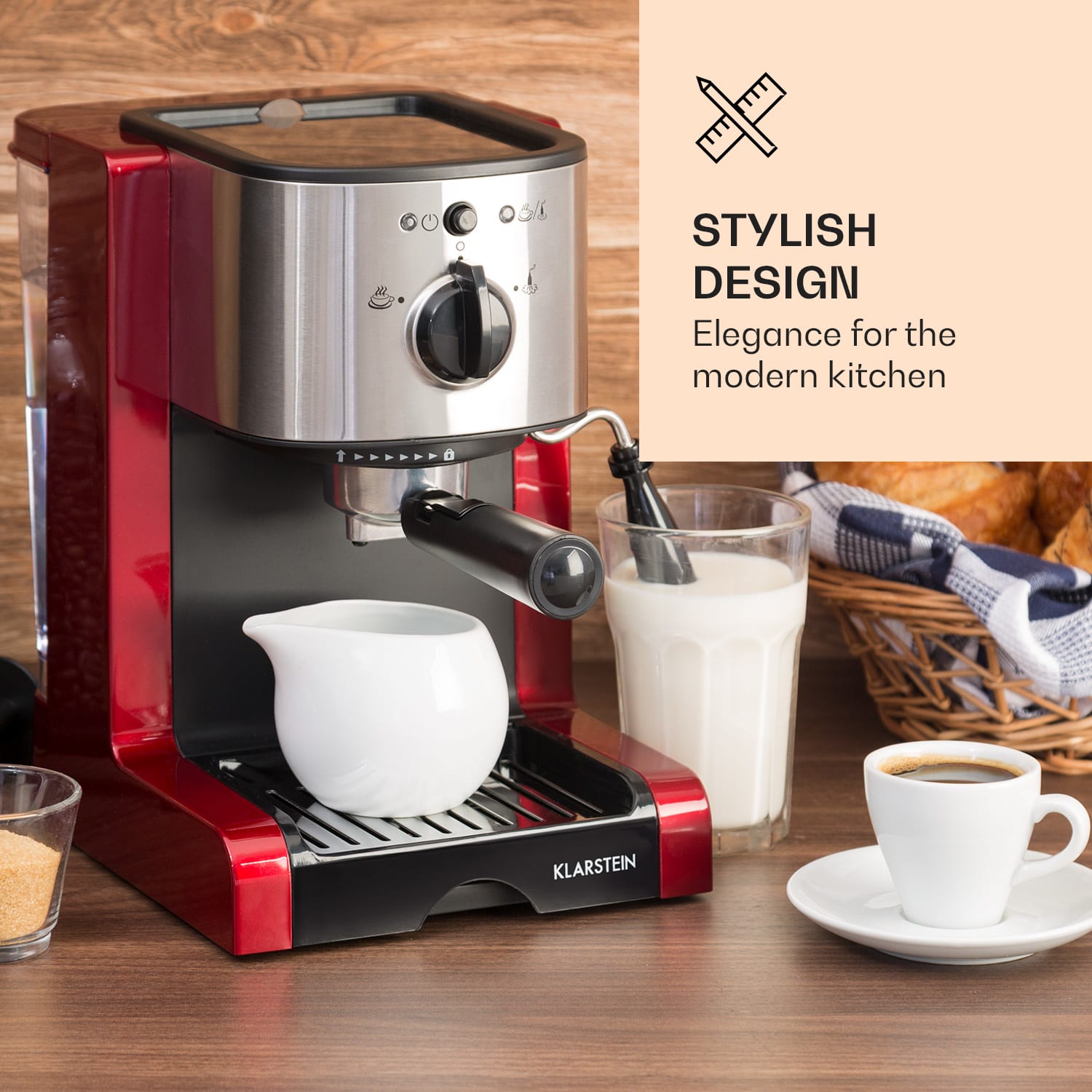 Klarstein Passionata 20, pákový kávovar, 1350 W, 20 bar, 1,25 l, 6 šálok, napeňovač mlieka