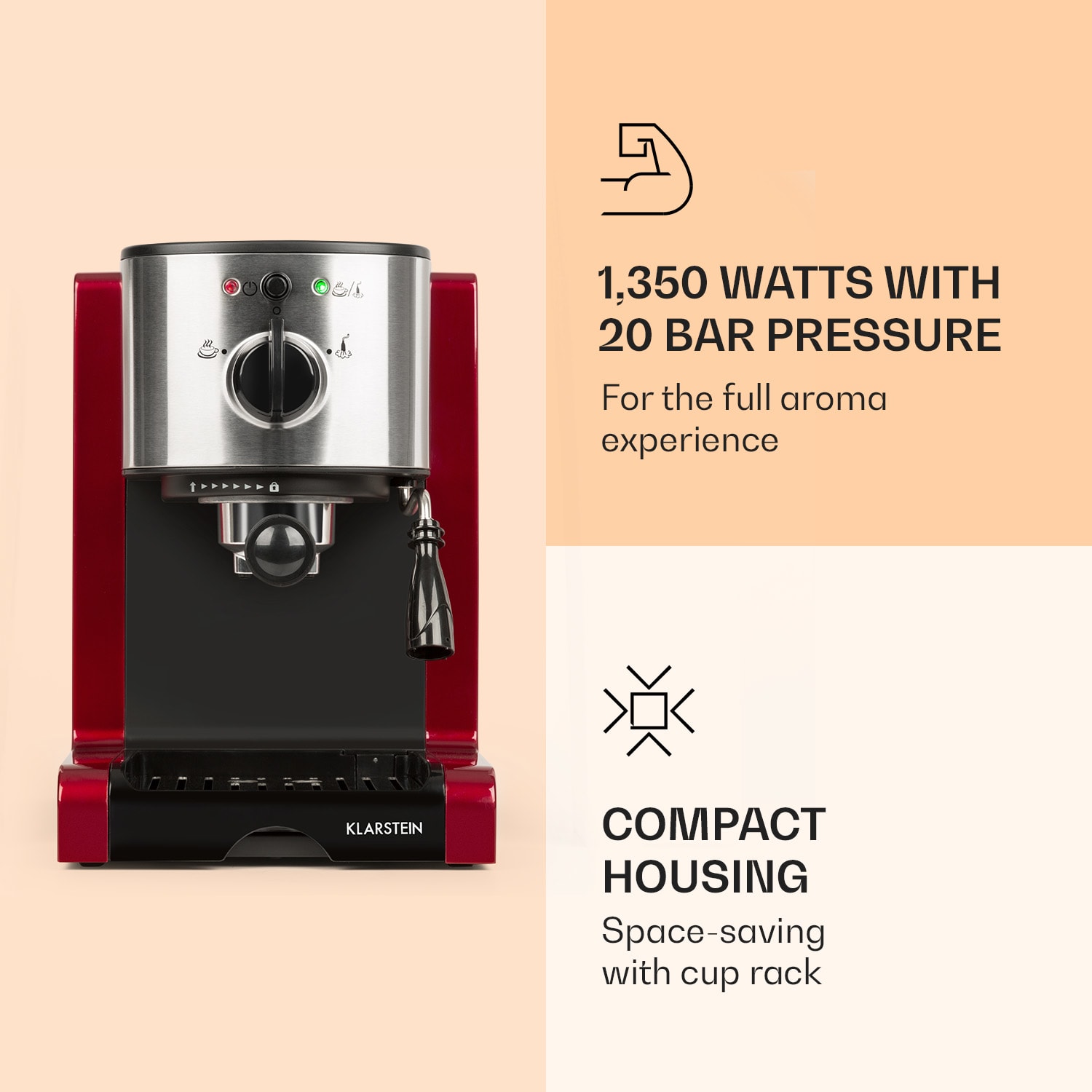 Klarstein Passionata 20, pákový kávovar, 1350 W, 20 bar, 1,25 l, 6 šálok, napeňovač mlieka – Obrázok 2