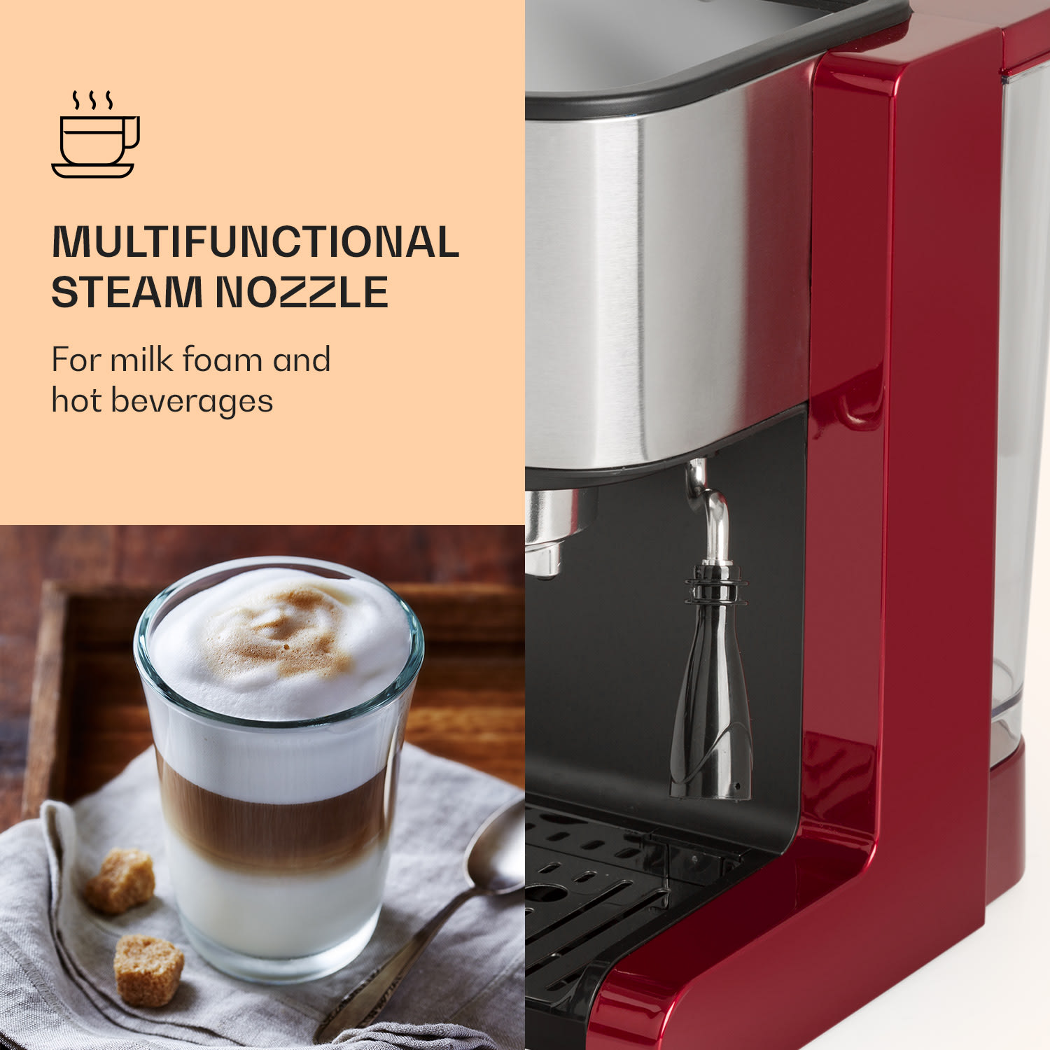 Klarstein Passionata 20, pákový kávovar, 1350 W, 20 bar, 1,25 l, 6 šálok, napeňovač mlieka – Obrázok 3