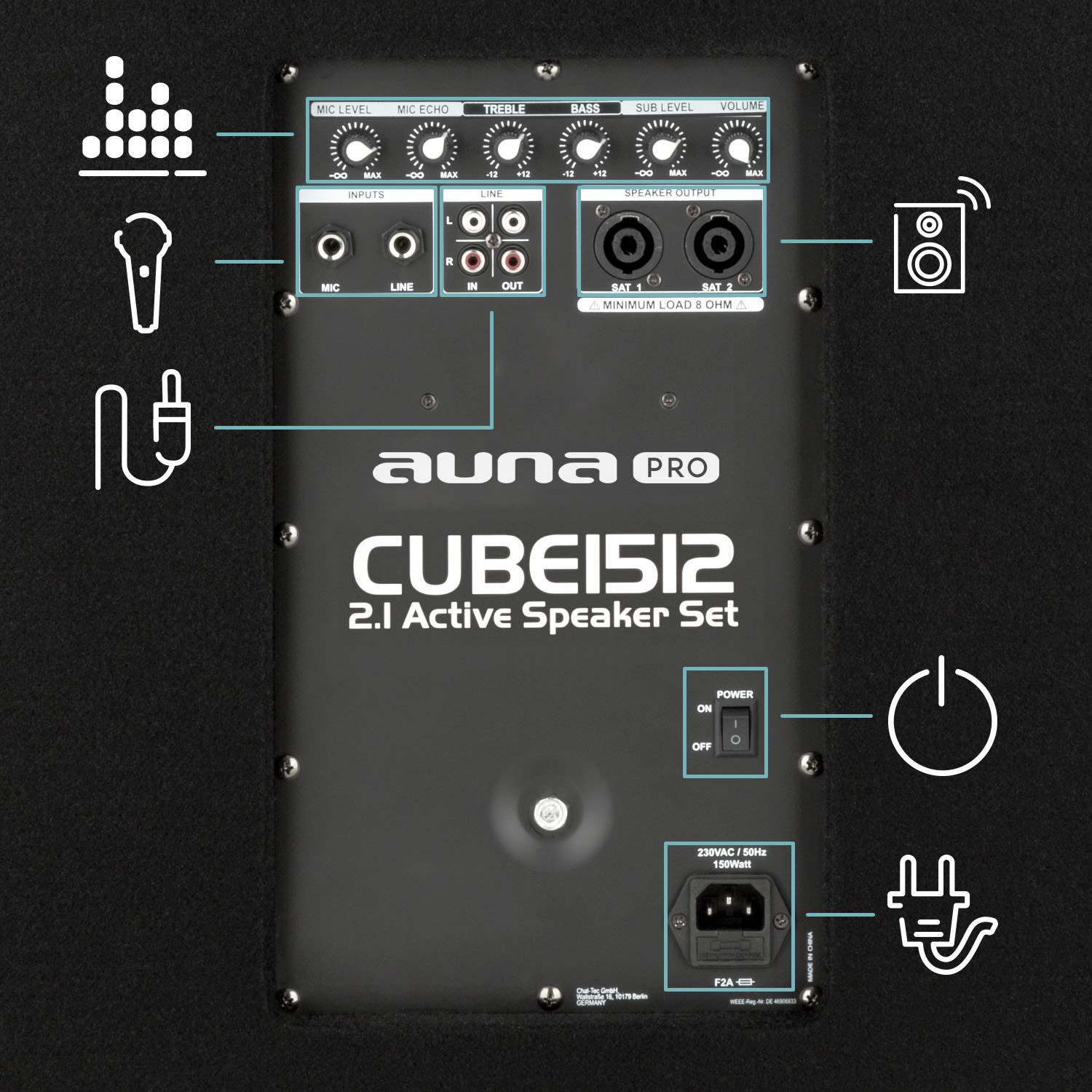 Auna Pro Cube 1512, 2.1 aktívna PA sada, 1200 W, 15" subwoofer, 2 x 12" reproduktor – Obrázok 3