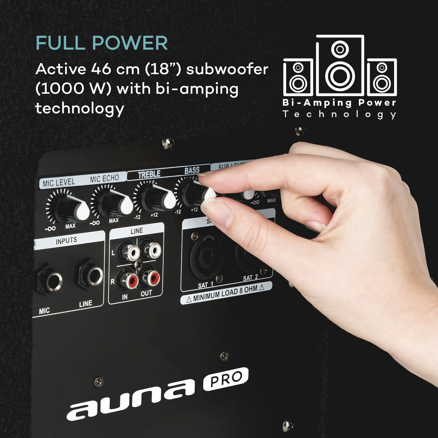 Auna Pro Cube 1812, 2.1 aktívna PA sada, 1600 W, 18" subwoofer, 2 x 12" reproduktor – Obrázok 3