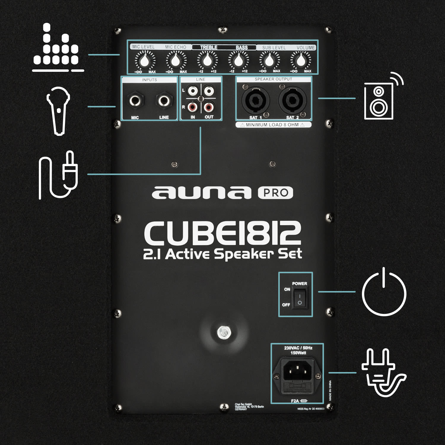 Auna Pro Cube 1812, 2.1 aktívna PA sada, 1600 W, 18" subwoofer, 2 x 12" reproduktor – Obrázok 4