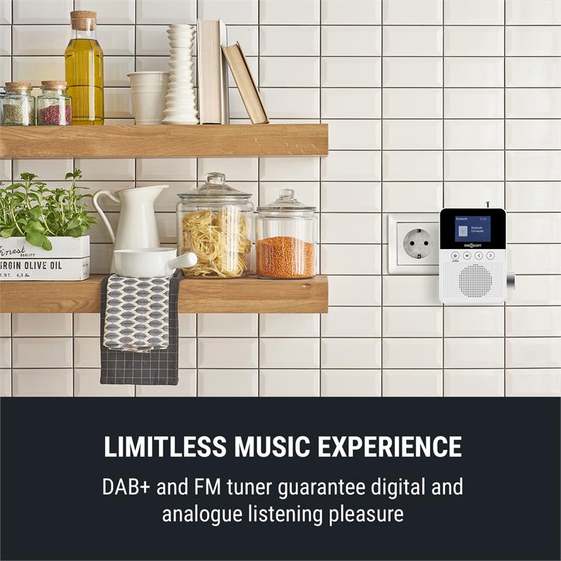 OneConcept Plug+Play DAB, rádio do zásuvky, DAB+/FM, BT, TFT displej, biele