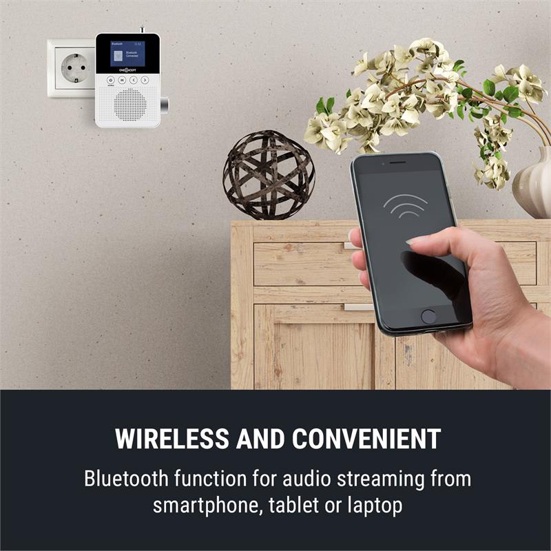 OneConcept Plug+Play DAB, rádio do zásuvky, DAB+/FM, BT, TFT displej, biele – Obrázok 2