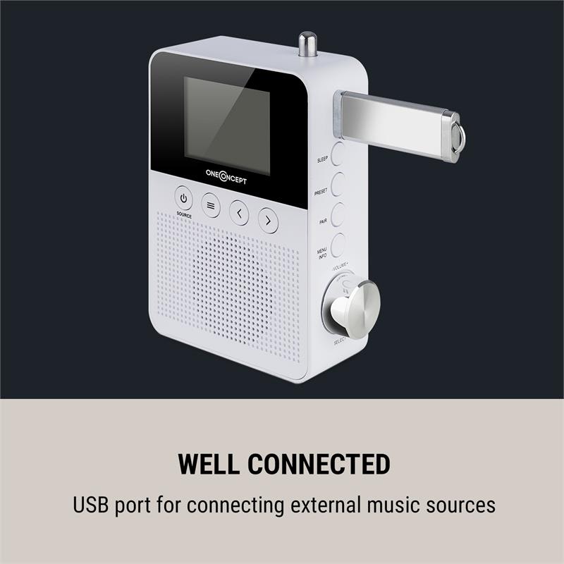 OneConcept Plug+Play DAB, rádio do zásuvky, DAB+/FM, BT, TFT displej, biele – Obrázok 3