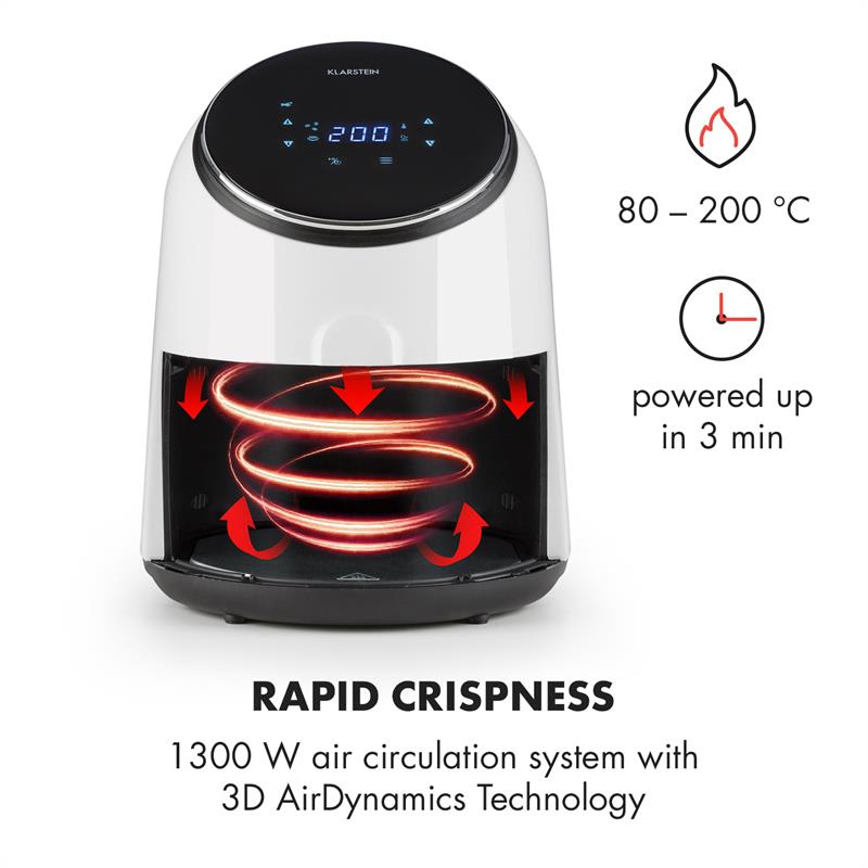 Klarstein AirVital, teplovzdušná fritéza, 1300 W, 2,5 l, nepriľnavý povrch CeraPlus, dotykové ovládanie, biela – Obrázok 3