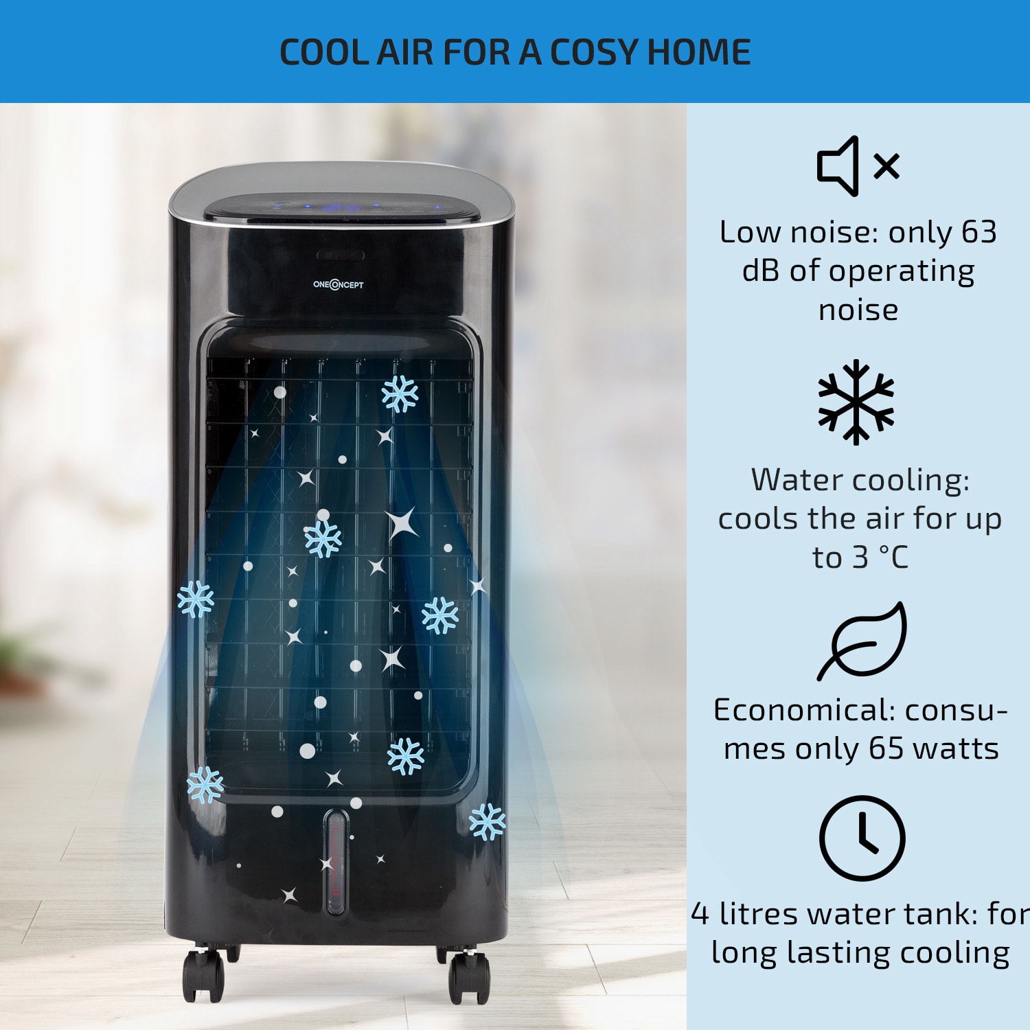 OneConcept Coolster, ochladzovač vzduchu, ventilátor, ionizátor, 60 W, 320 m³/h , 4 l, čierny