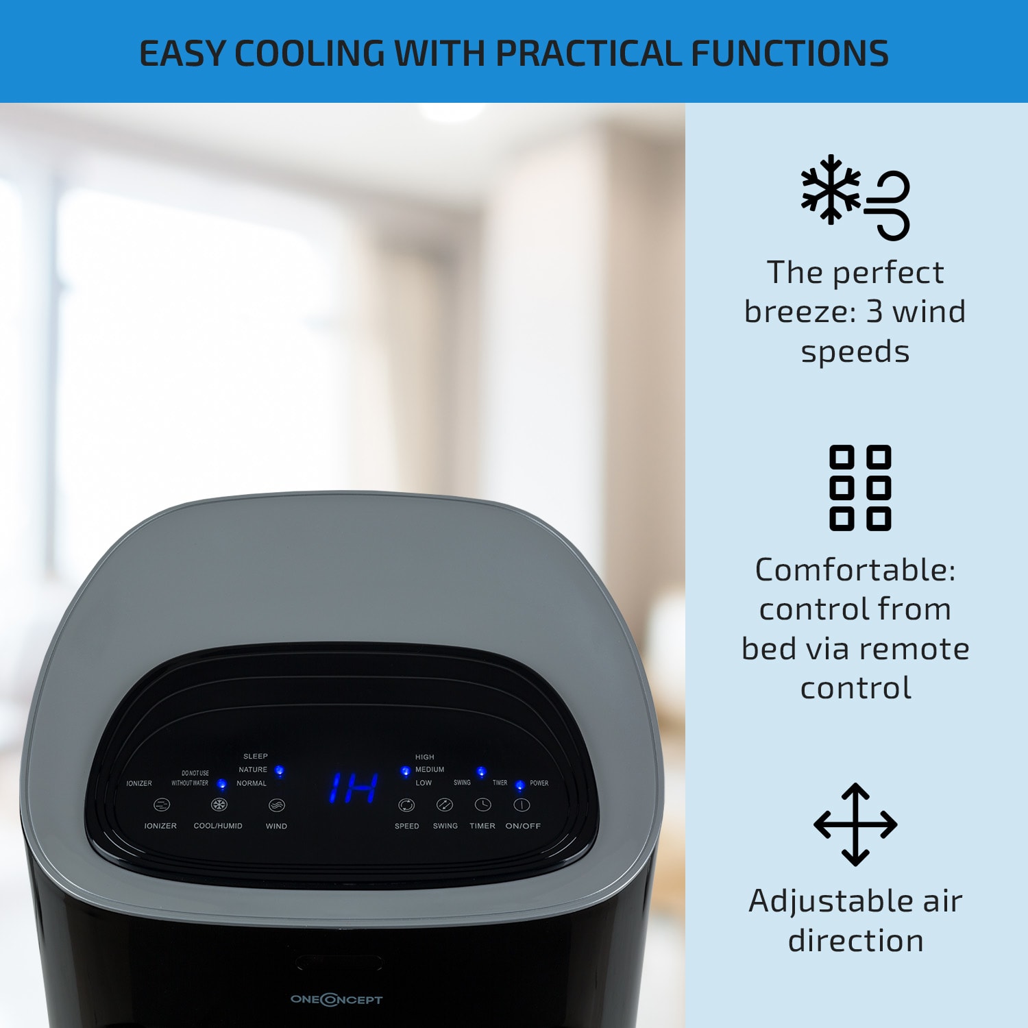OneConcept Coolster, ochladzovač vzduchu, ventilátor, ionizátor, 60 W, 320 m³/h , 4 l, čierny – Obrázok 3