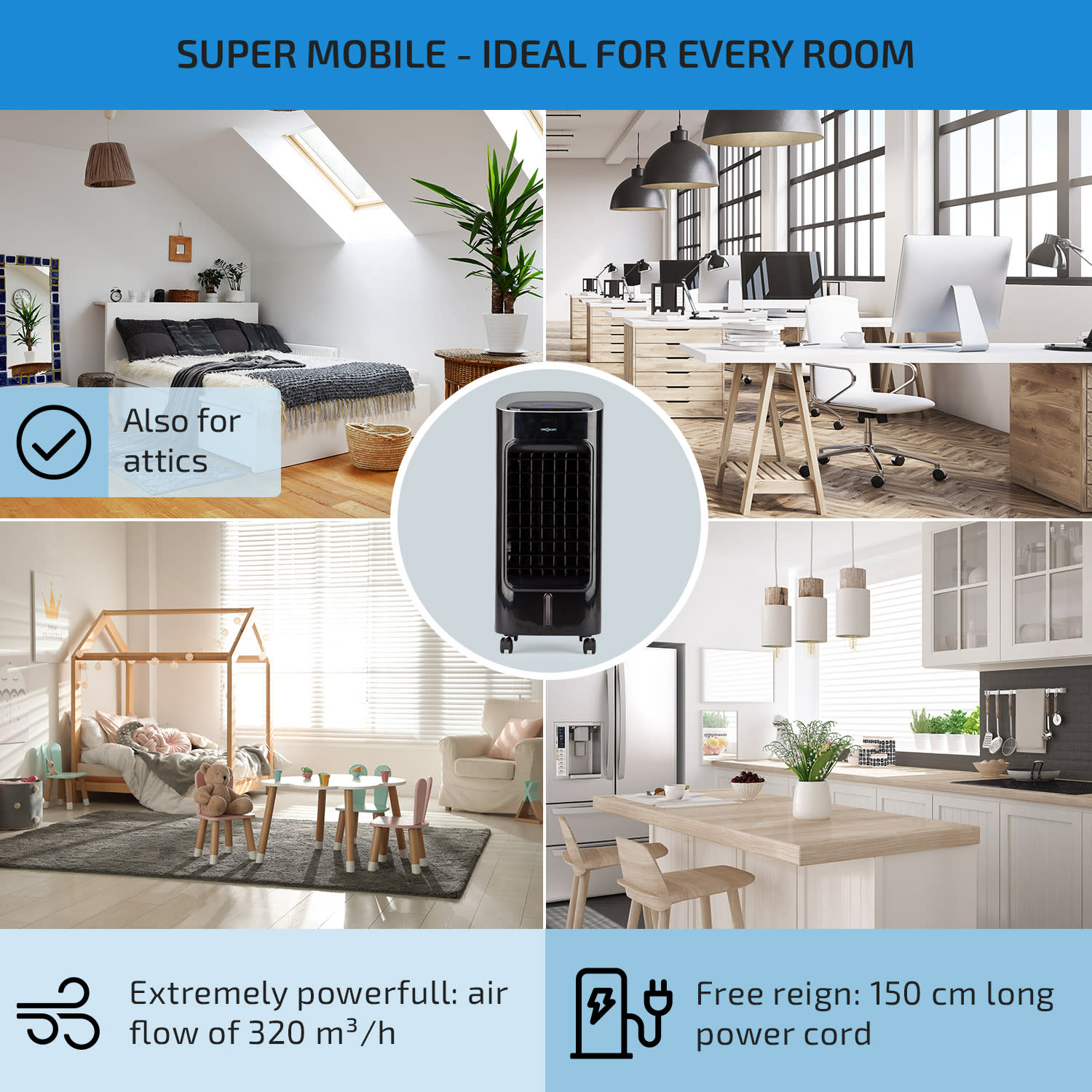 OneConcept Coolster, ochladzovač vzduchu, ventilátor, ionizátor, 60 W, 320 m³/h , 4 l, čierny – Obrázok 4
