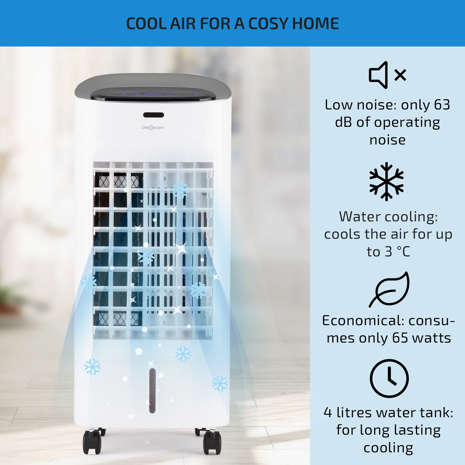 OneConcept Coolster, ochladzovač vzduchu, ventilátor, ionizátor, 60 W, 320 m³/h , 4 l, biely
