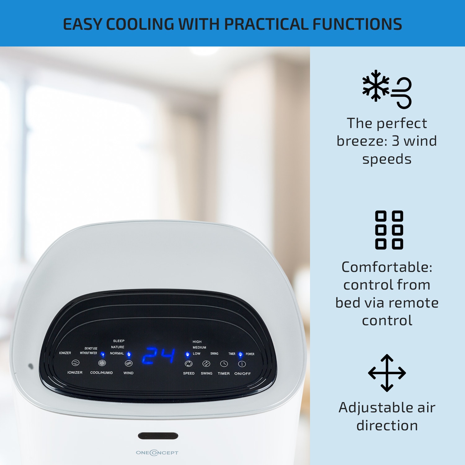 OneConcept Coolster, ochladzovač vzduchu, ventilátor, ionizátor, 60 W, 320 m³/h , 4 l, biely – Obrázok 3